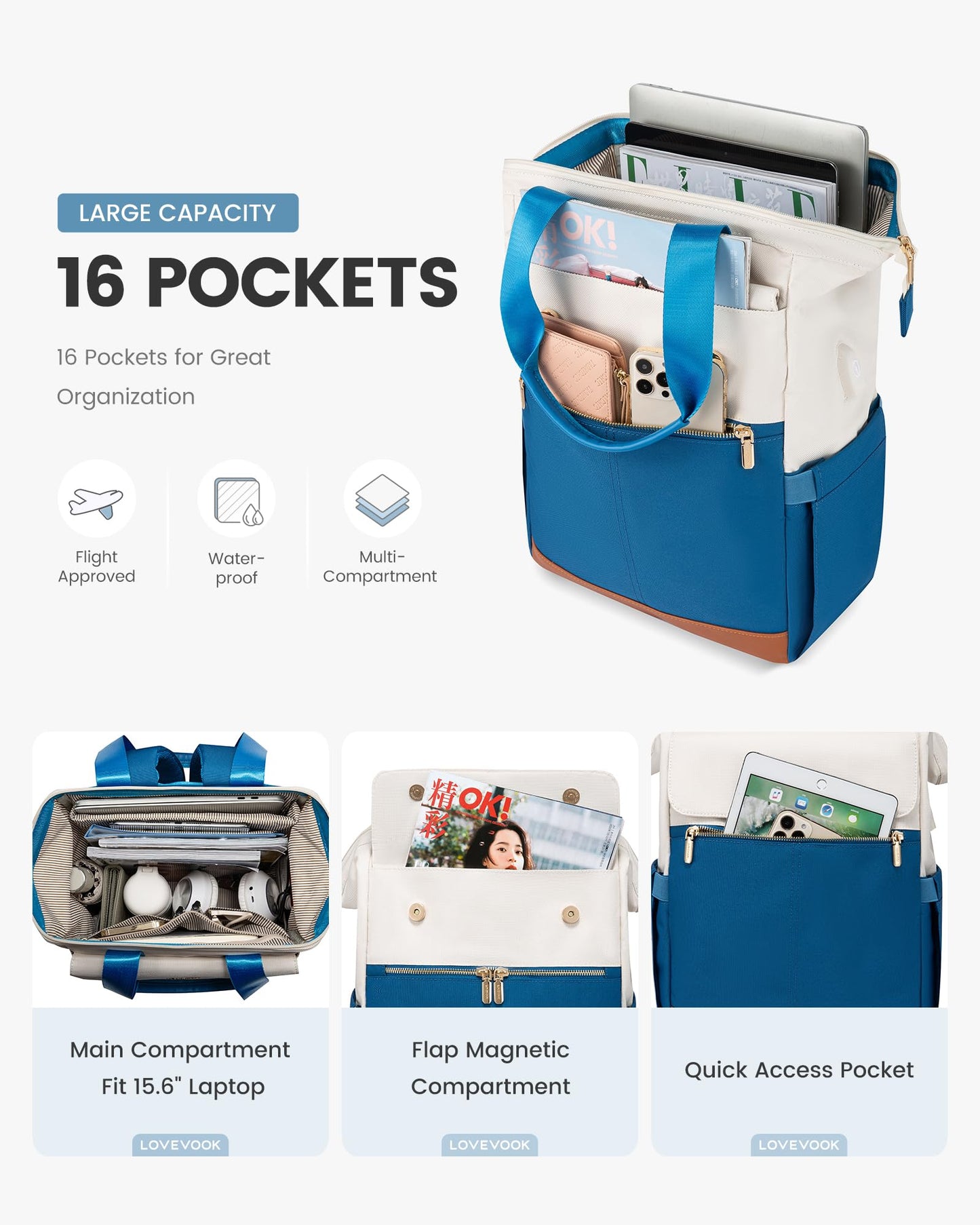 LOVEVOOK Rucksack Damen, Laptop Schulrucksack Wasserdicht, Schultasche Teenager Backpack Women Elegant Tagesrucksäcke Handtasche 2 in 1, 15,6 Zoll Arbeitstasche Lehrertasche Reiserucksack für Uni Büro