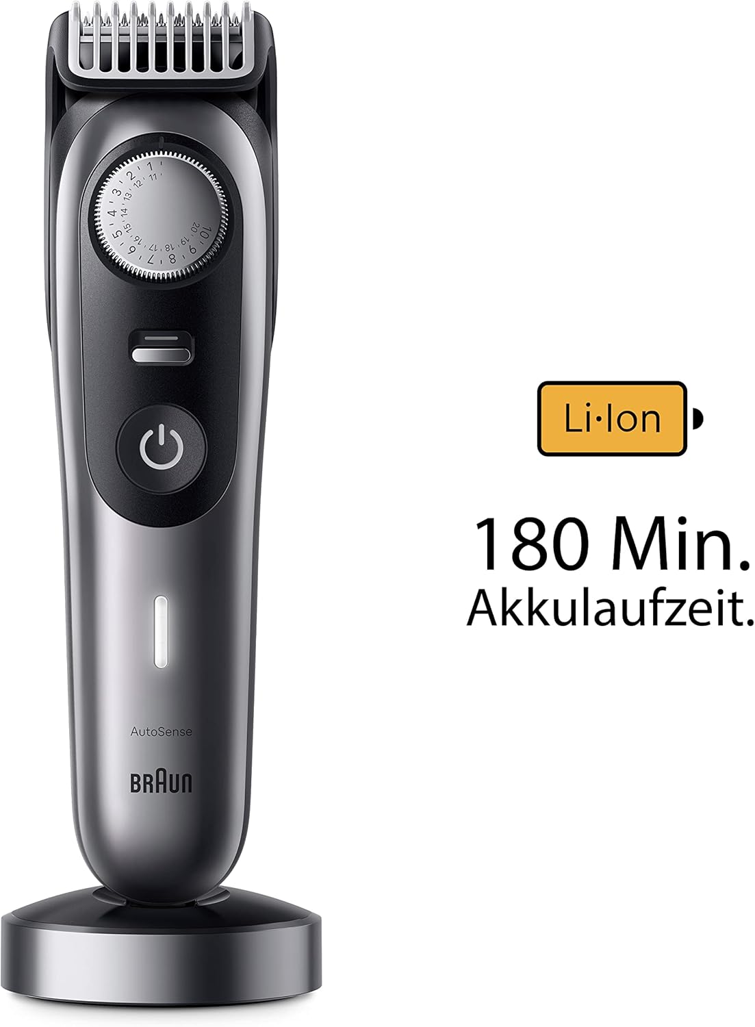 Braun Barttrimmer, Bartschneider/Trimmer/Haarschneider Herren, Haarschneidemaschine Profi, 40 Einstellungen, Ladestation, Reiseetui, Bartschablone, 180 Min. kabellose Laufzeit, BT9440