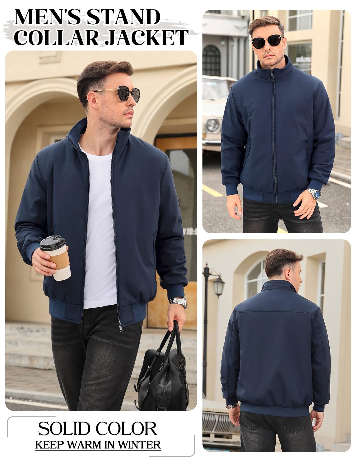 Lonya Men's Fleece Winter Windproof Bomber Jacket Full Zip Transition Jacket Flight Jacket Autumn Warm Padded Stand-Up Collar Coats Jackets
