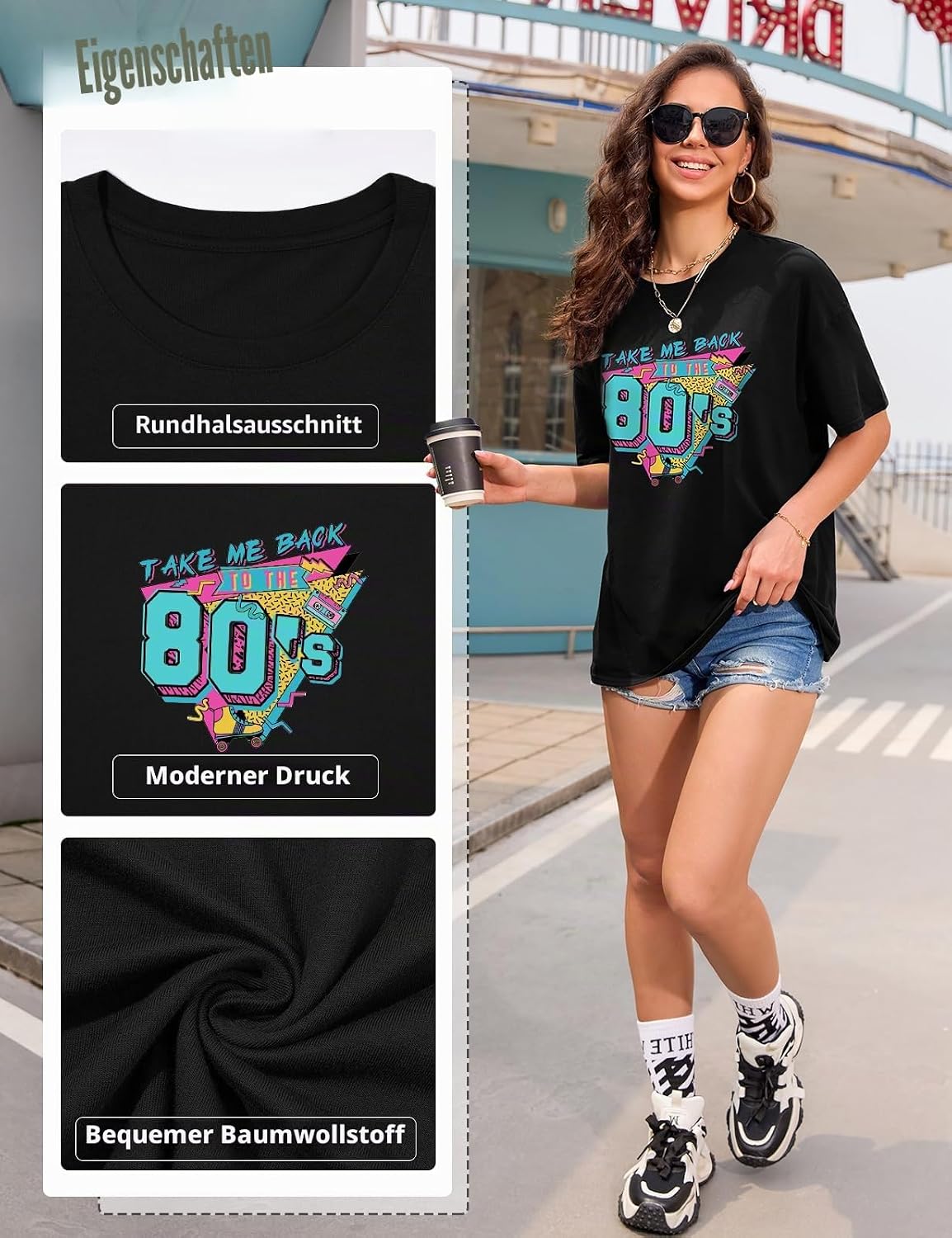 Lonya T Shirt Damen Oversized Vintage Rundhals Kurzarm 80er Jahre Brief Gedruckt Schleife Blumen Sonne Mond Muster Sommer Bluse Baumwolle Oberteile Tops Retro 80s Casual Lockere Basic Tee Shirt