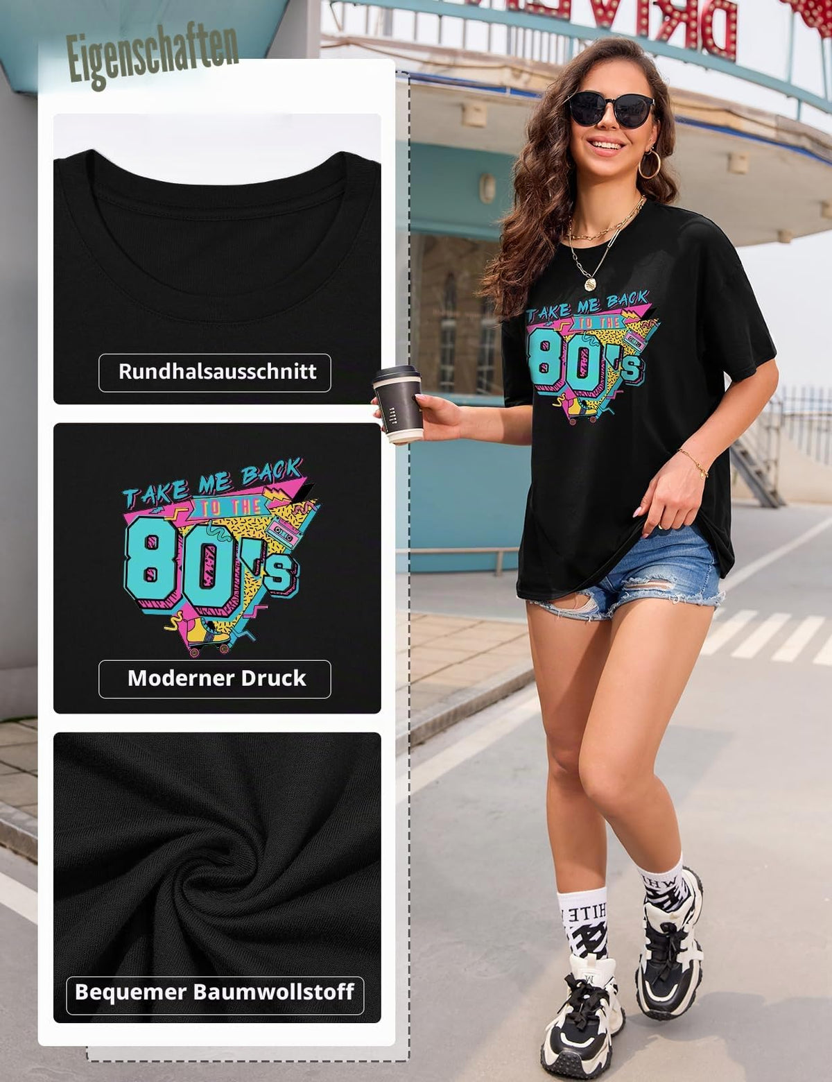Lonya T Shirt Damen Oversized Vintage Rundhals Kurzarm 80er Jahre Brief Gedruckt Schleife Blumen Sonne Mond Muster Sommer Bluse Baumwolle Oberteile Tops Retro 80s Casual Lockere Basic Tee Shirt