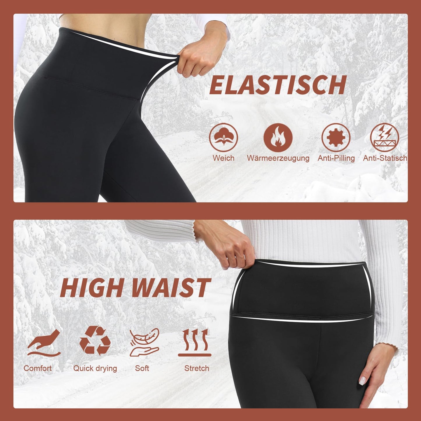 HIPOWER Pack of 3 Women's Thermal Leggings with Pockets Leggings Lined Winter High Waist Fleece Warm Leggings Opaque Black Sports Thermal Underwear Running Trousers Yoga Pants