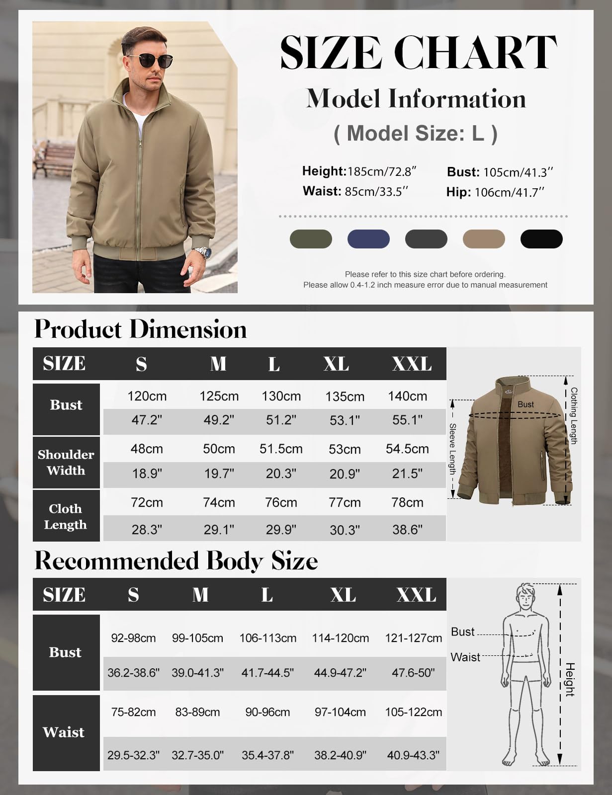 Lonya Men's Fleece Winter Windproof Bomber Jacket Full Zip Transition Jacket Flight Jacket Autumn Warm Padded Stand-Up Collar Coats Jackets