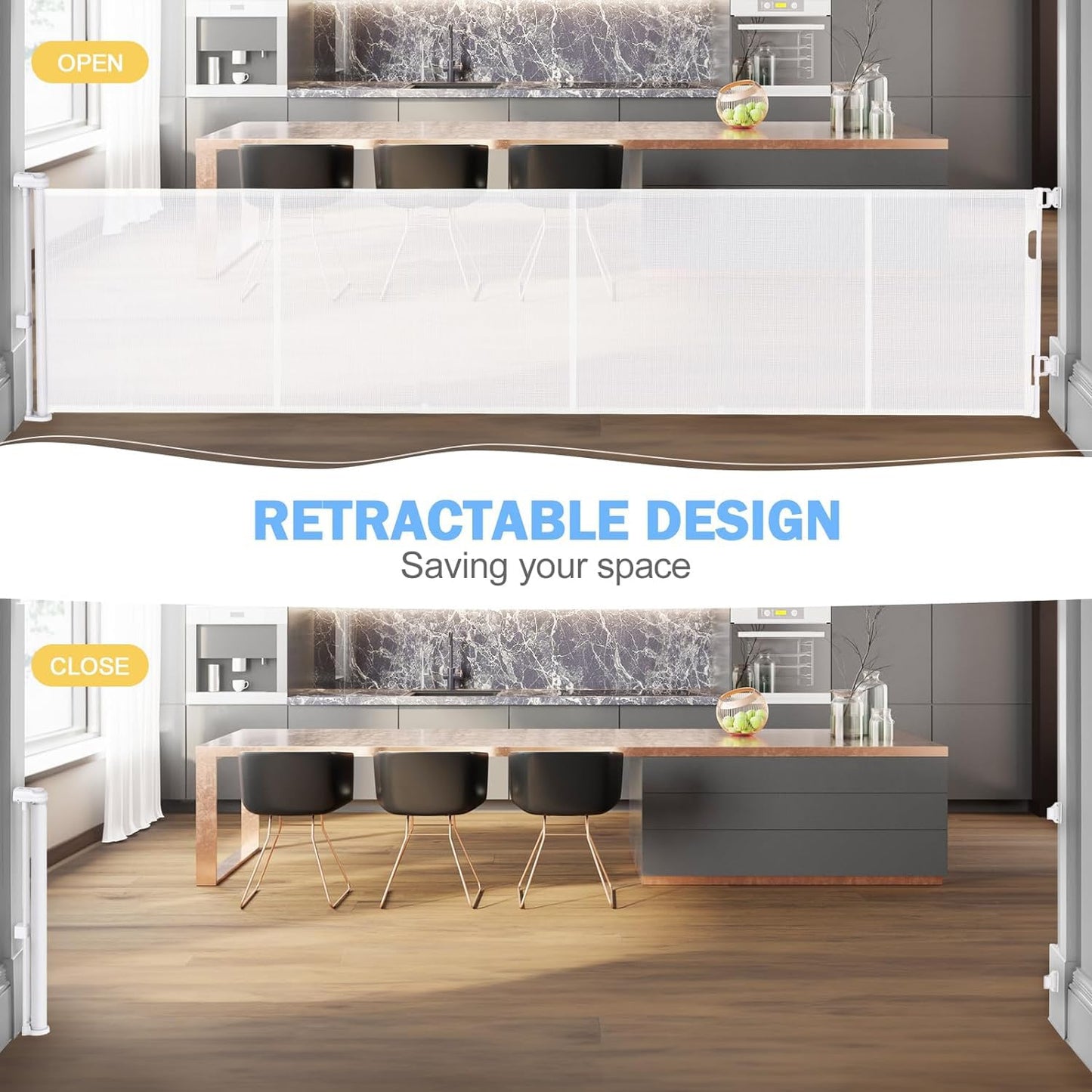 Retractable Stair Safety Gate for Babies, 0-150 cm Wide, Baby Barrier, Cat and Dog Barrier, One-Handed Operation, Suitable for Indoor & Outdoor Use (150 cm, Black)