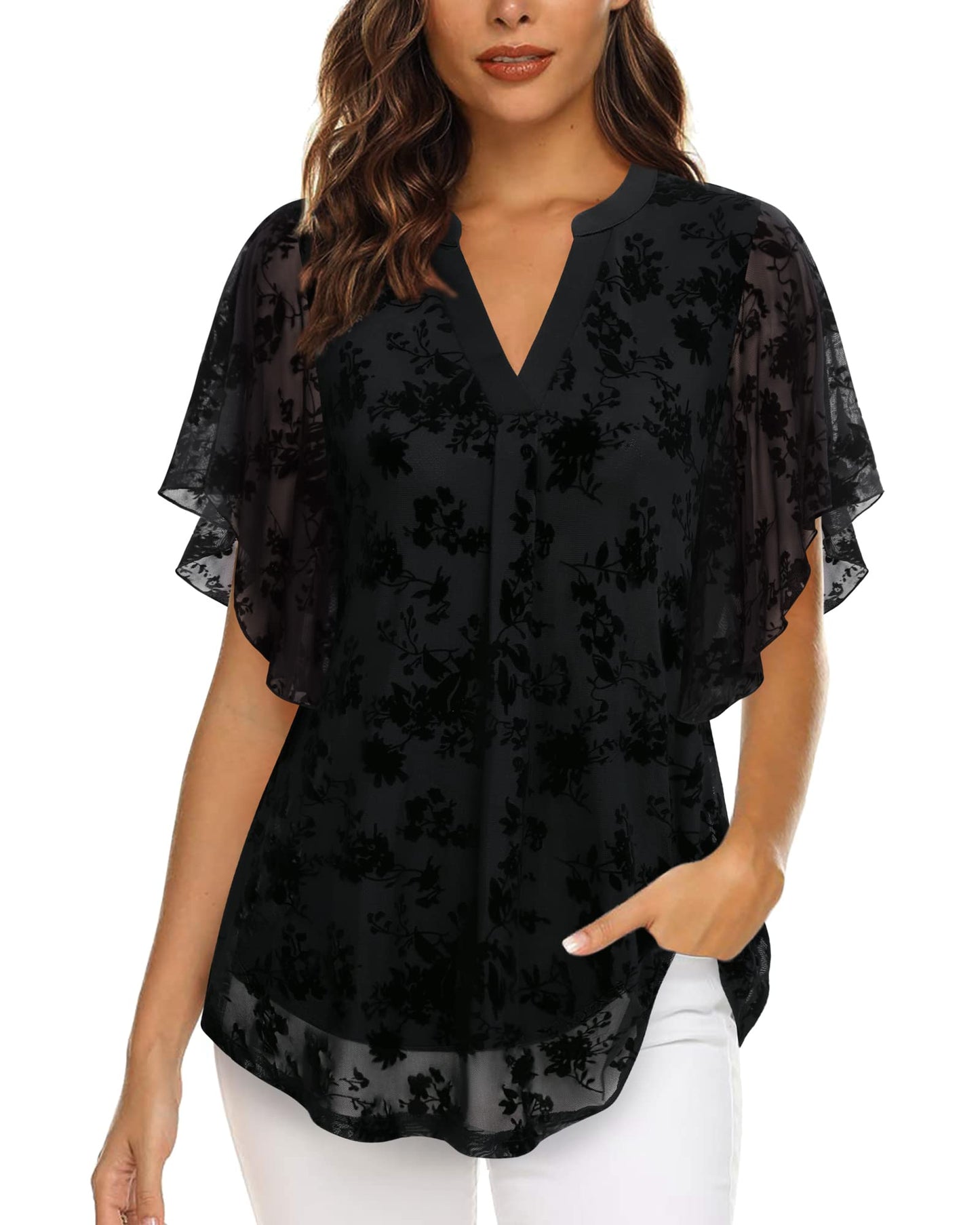 Vafoly Bluse Damen Elegant Kurzarm Sommer Tunika V-Ausschnitt Mesh Oberteil Blumen Doppellagige Tunika