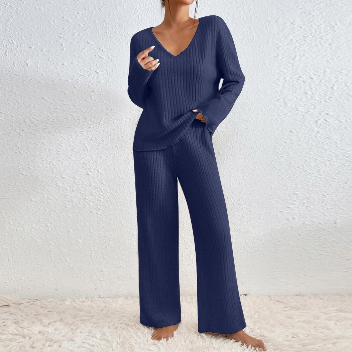 Hausanzug Damen Elegant Gestrickte Loungewear Einfarbig Strickanzug Langarm Schlafanzüge Zweiteiler V-Ausschnitt Homewear Locker Freizeitanzug Outfit Weites Bein Hose mit Taschen Lounge Set