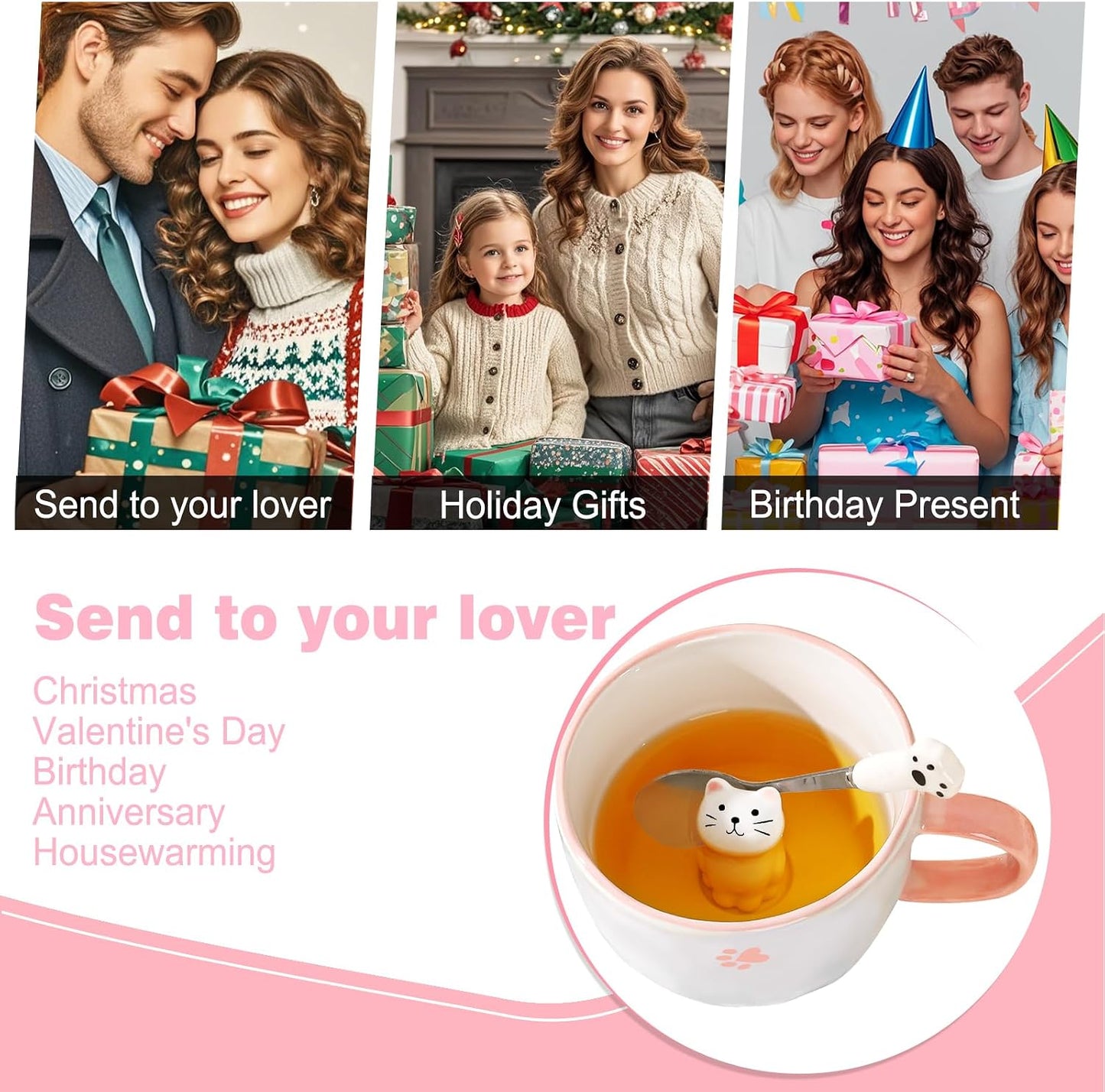 BigNoseDeer Süße Sachen Keramik Katze Kaffeetasse Teetasse Deckel Löffel Lustige Tassen Geschenke für Frauen Kaffeebecher 3D Tasse Personalisiert Cappuccino Tasse Beste Freundin Weihnachten Geschenk