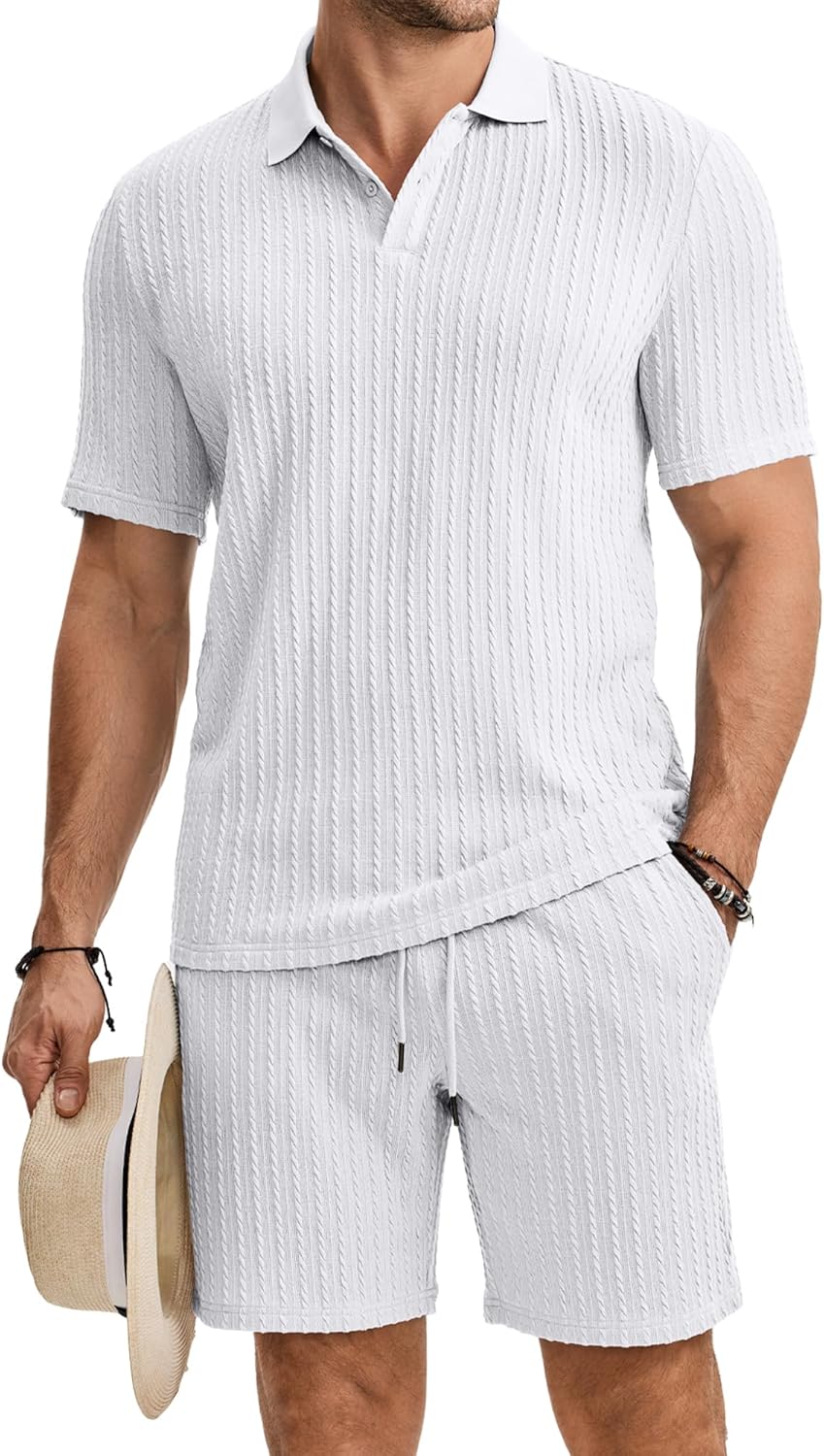 JMIERR Herren Jogginganzug Set Sommer 2 Teiliges Poloshirts Kurzarm Einfarbig Strick mit Kurze Hose Herren mit Elastischer Taille Baggy Freizeitanzug