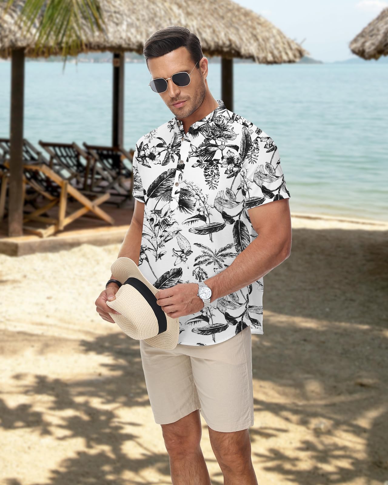 HMIYA Herren Sommerhemd Baumwolle Leinen Kurzarm Hemd Herren Henley-Kragen Lässiges Regular Fit Shirts