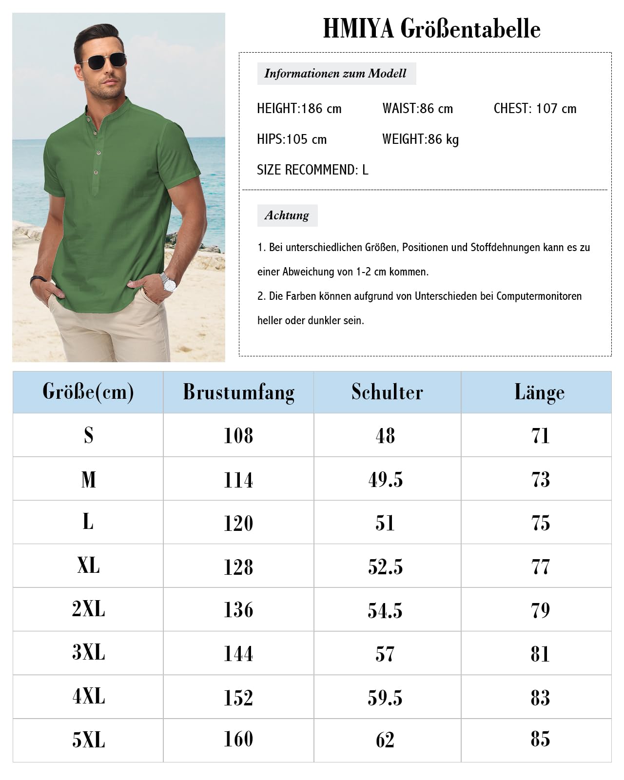 HMIYA Herren Sommerhemd Baumwolle Leinen Kurzarm Hemd Herren Henley-Kragen Lässiges Regular Fit Shirts