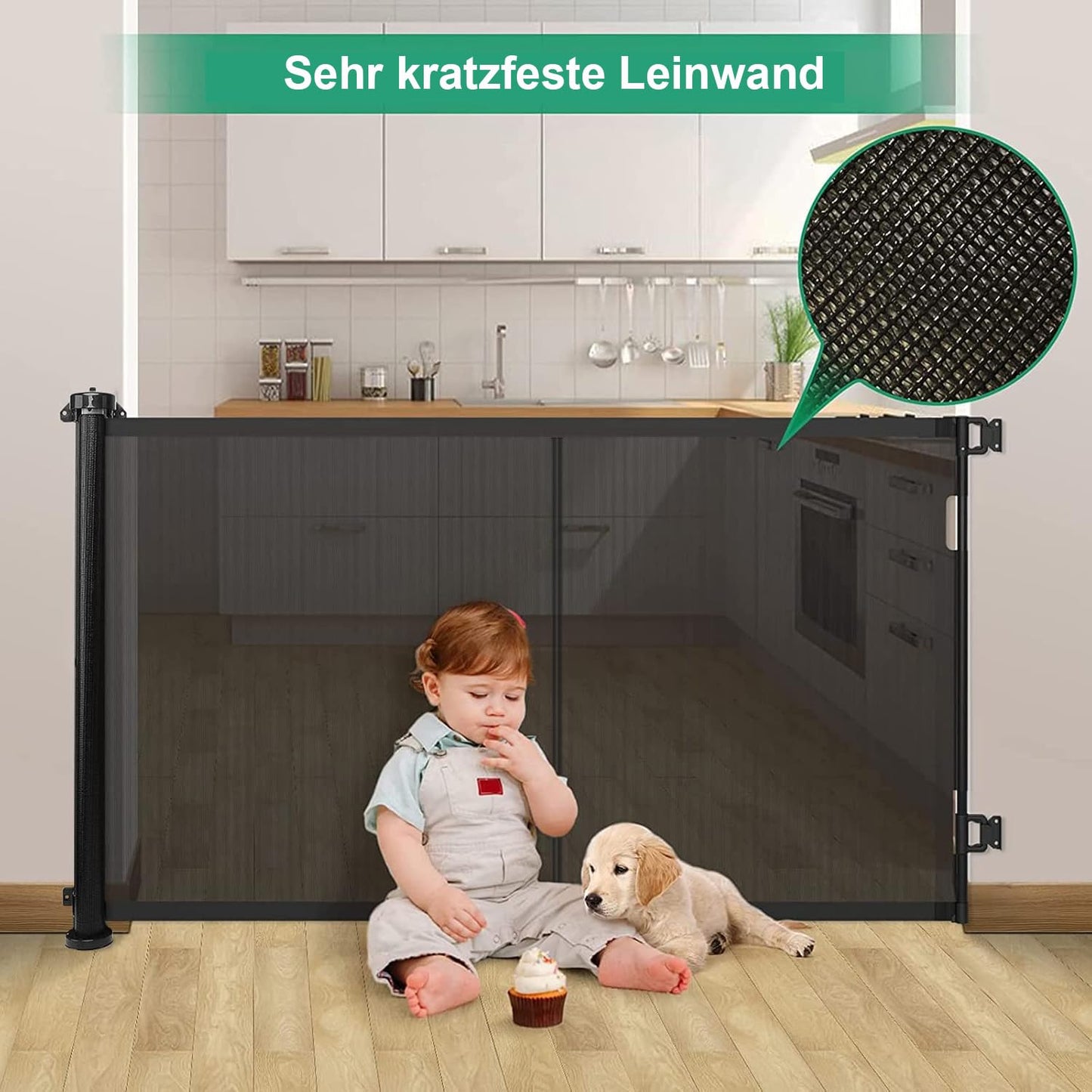 Retractable Stair Safety Gate for Babies, 0-150 cm Wide, Baby Barrier, Cat and Dog Barrier, One-Handed Operation, Suitable for Indoor & Outdoor Use (150 cm, Black)