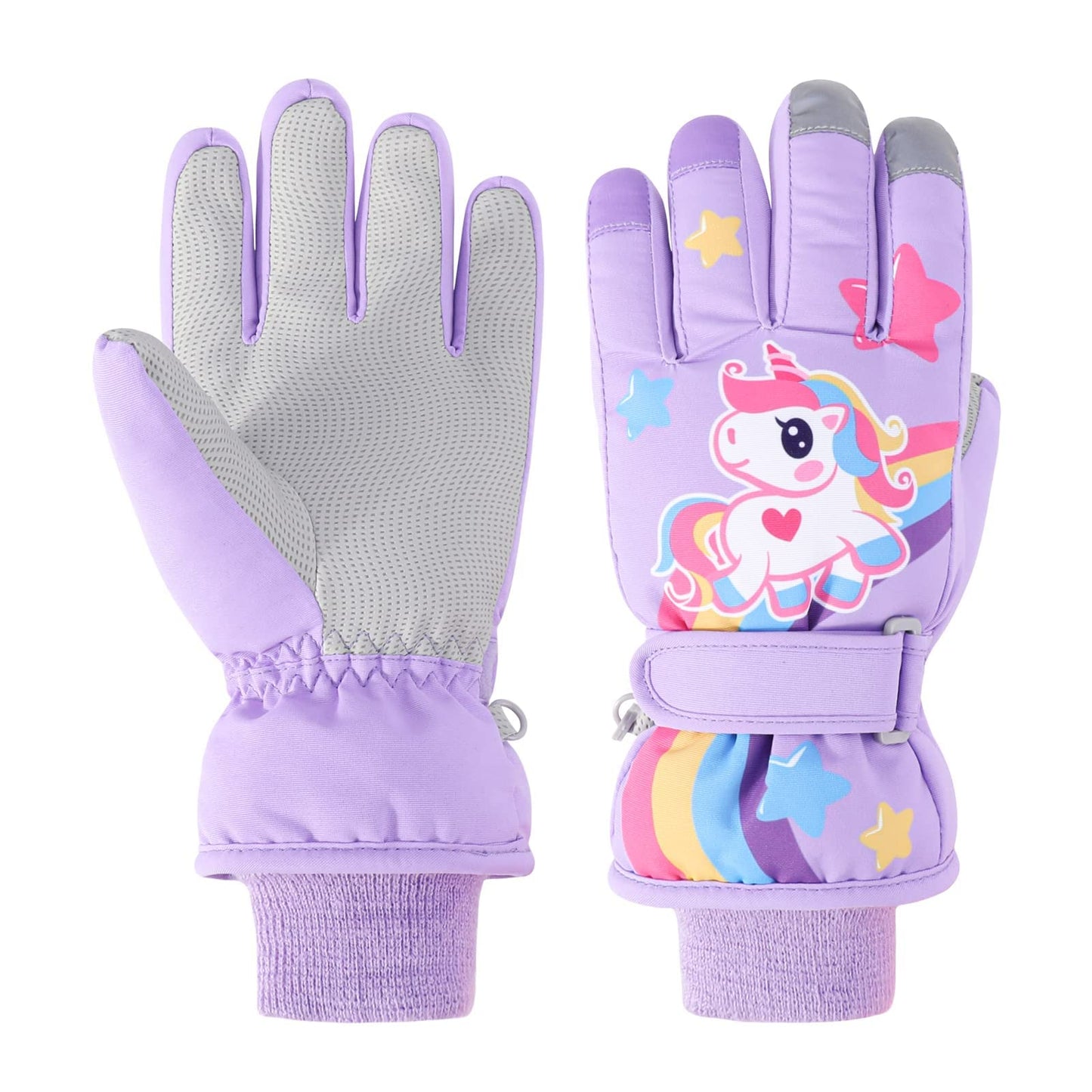 Children's Winter Ski Gloves Waterproof Snowboard Gloves Non-Slip Plush Lined Warm Unicorn Gloves for Girls Boys 2-9 Years Old