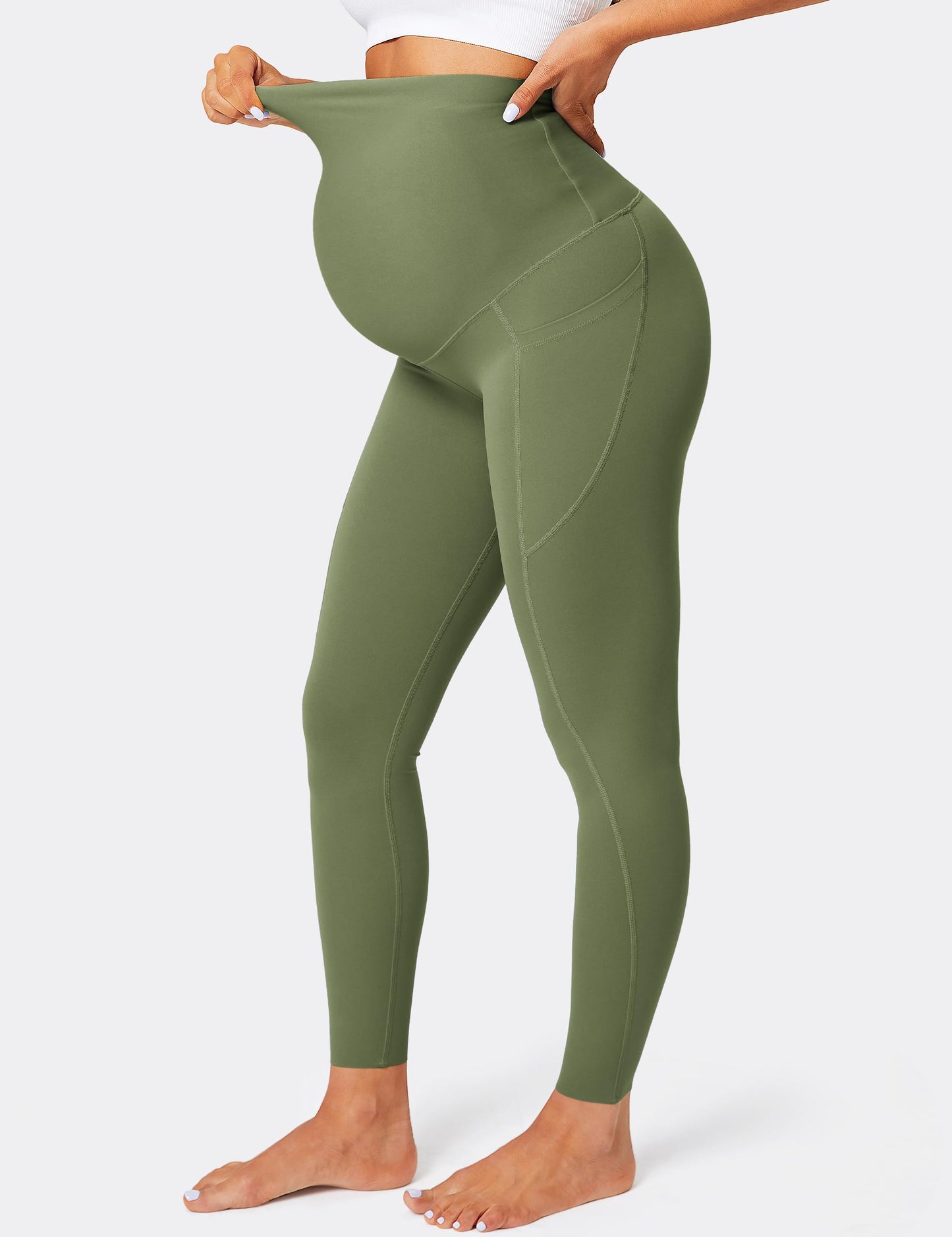 BAYDI Damen Umstandsleggings mit Taschen Blickdichte Lange Schwangerschaftsleggings High Waist Umstandshose Damen Weich elastisch Schwangerschaftshose