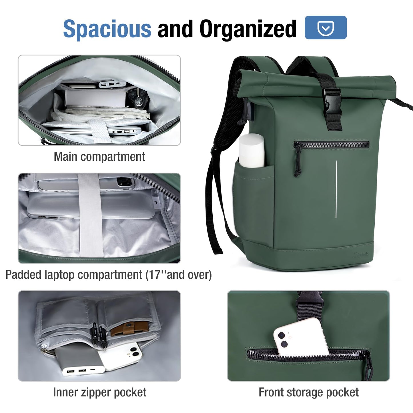 Lekeinchi Rolltop Rucksack Wasserdicht für Damen & Herren, Großer Laptop Rucksack mit Computerfach für 17 Zoll Laptop, Elegant Reiserucksack Daypack für Reisen, Radfahren, Uni Schule, Arbeit-Blau