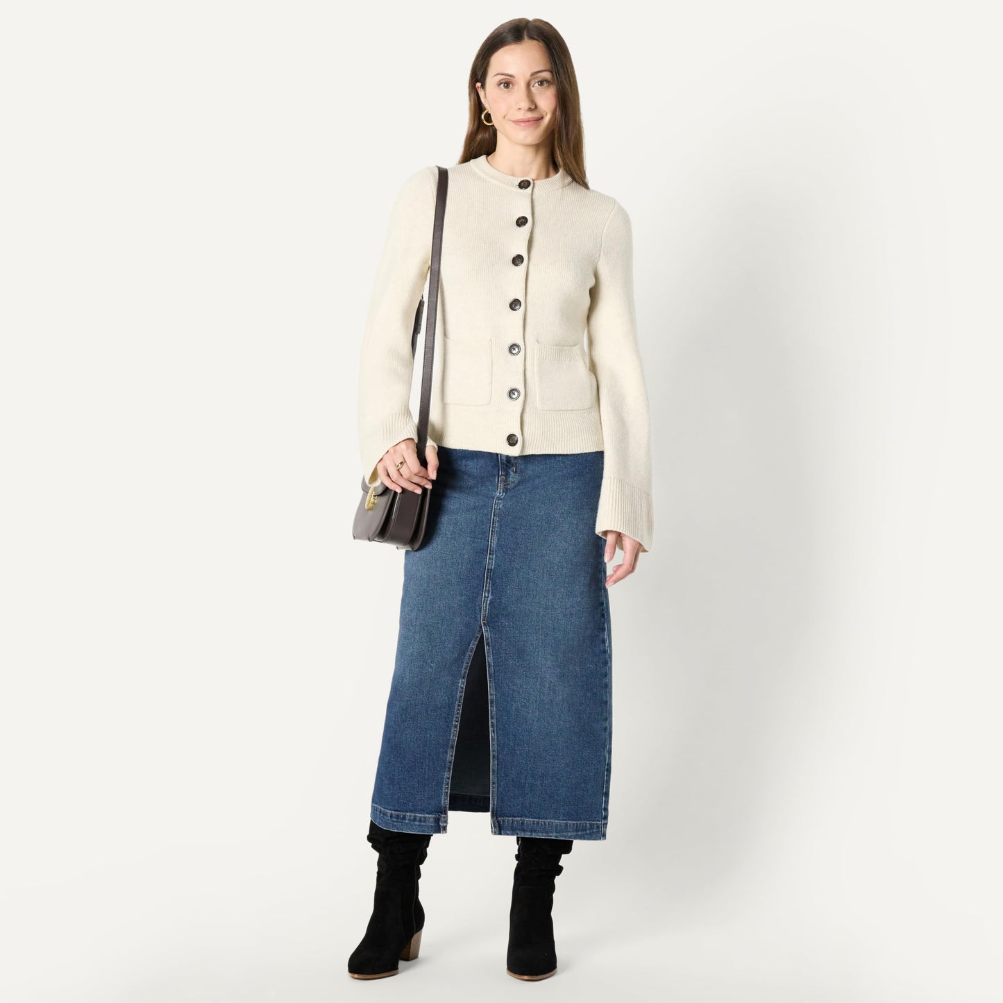 Amazon Essentials Damen Langärmelige Regular-Fit-Strickjacke mit Glockenärmeln und tailliertem Schnitt