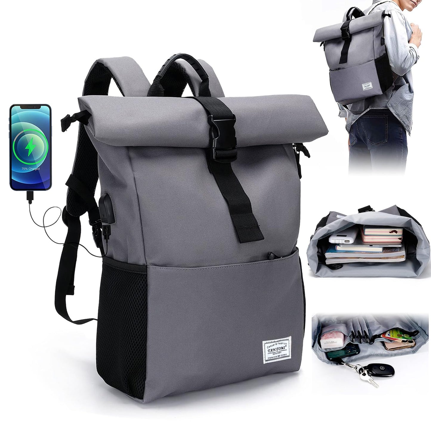 MoFut Rucksack Damen Groß Rucksack Herren Groß Schulrucksack viele Fächer mit 15,6" Laptopfach, Unisex Rolltop Rucksack Wasserdicht, Lässiger Backpack Schule Freizeit Uni Arbeit Wandern.