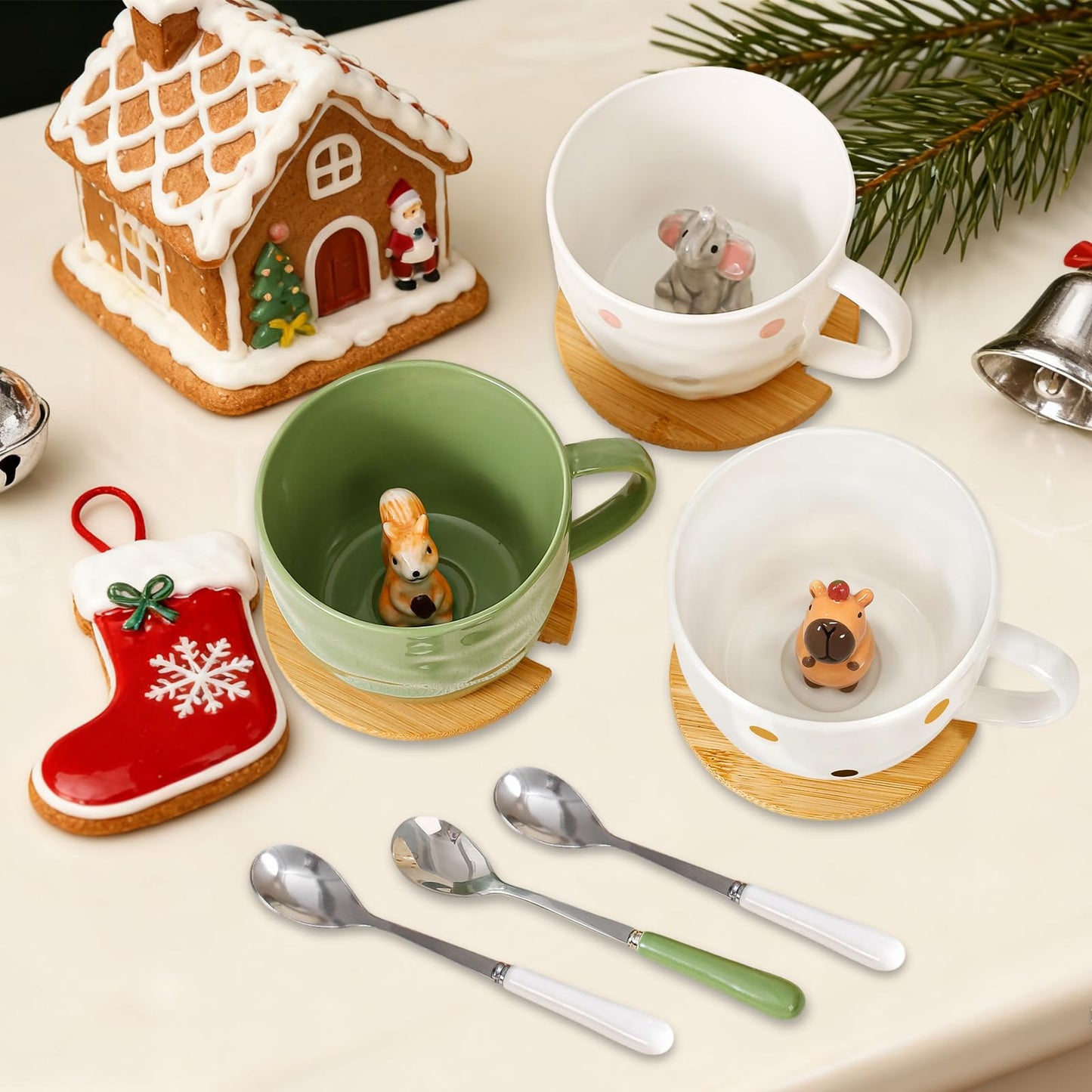 BigNoseDeer Süße Sachen Keramik Katze Kaffeetasse Teetasse Deckel Löffel Lustige Tassen Geschenke für Frauen Kaffeebecher 3D Tasse Personalisiert Cappuccino Tasse Beste Freundin Weihnachten Geschenk