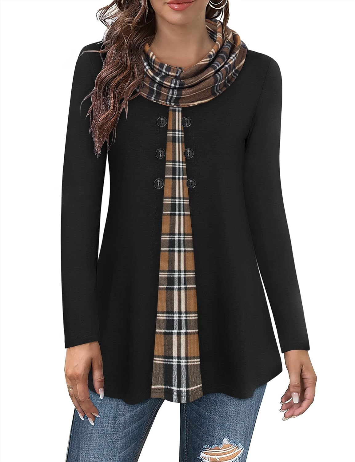 Gaharu Damen Tunika Langarm Elegant Pullover Lang Sweatshirt Schalkragen Patchwork Pulli