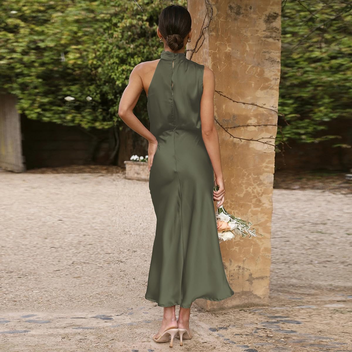 Odizli Damen Elegant Ärmellos Neckholder Satin Sommer Hochzeit Lang Abendkleider