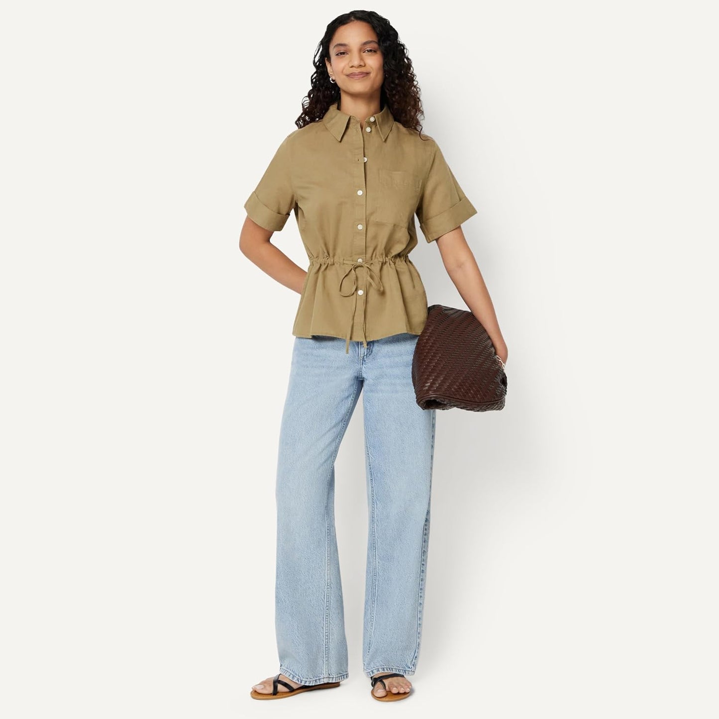 Amazon Essentials Damen Leinen-Bluse mit Verstellbarer Taille