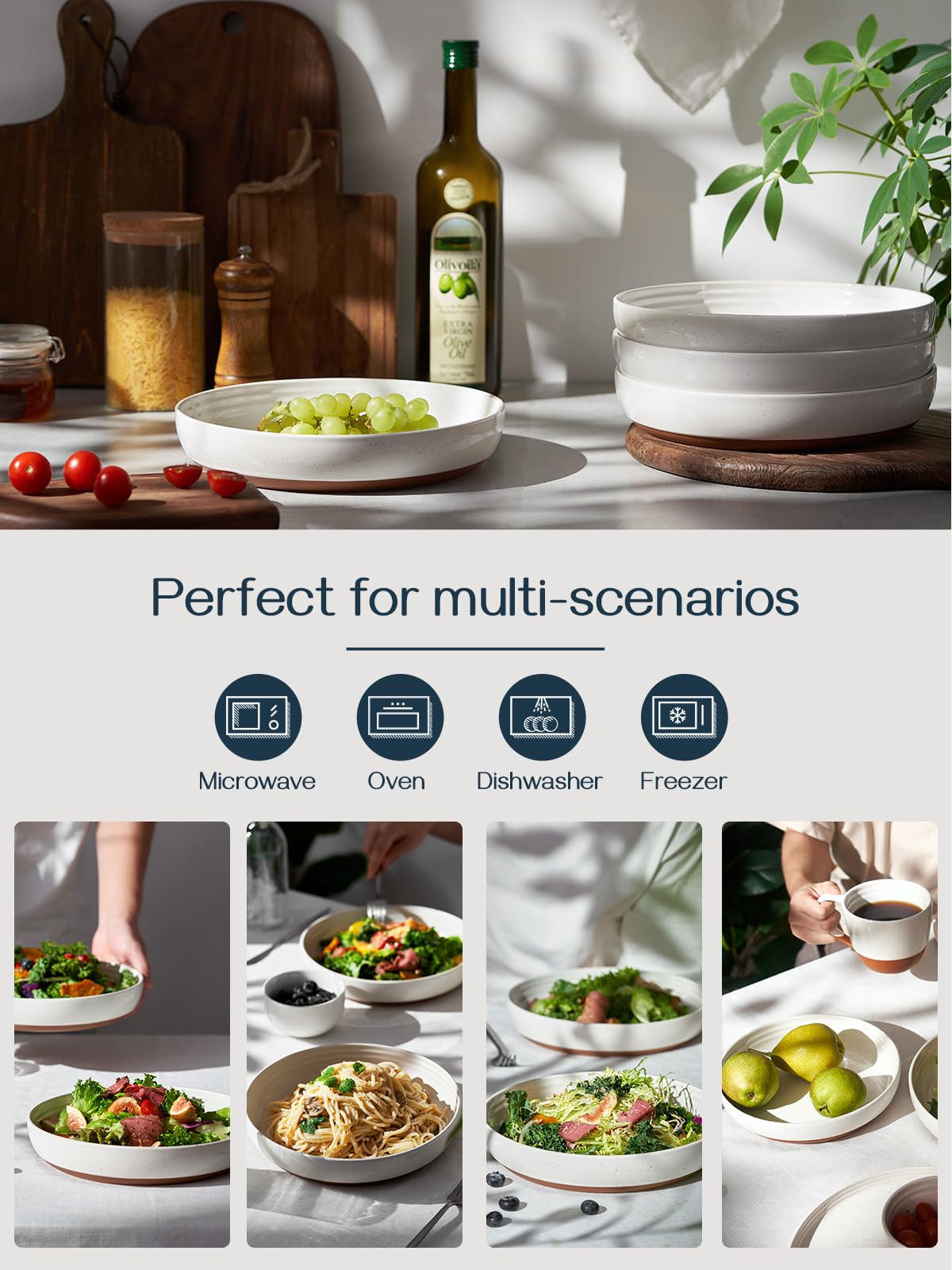 DOWAN Steingut Dessert Teller Set,Tellerset Keramik-6 Personen,21cm Speiseteller Porzellan,Essteller,Steinzeug Geschirrteller,Flache Frühstückstelle teller para Salat,Pasta,Vanille-Weiß