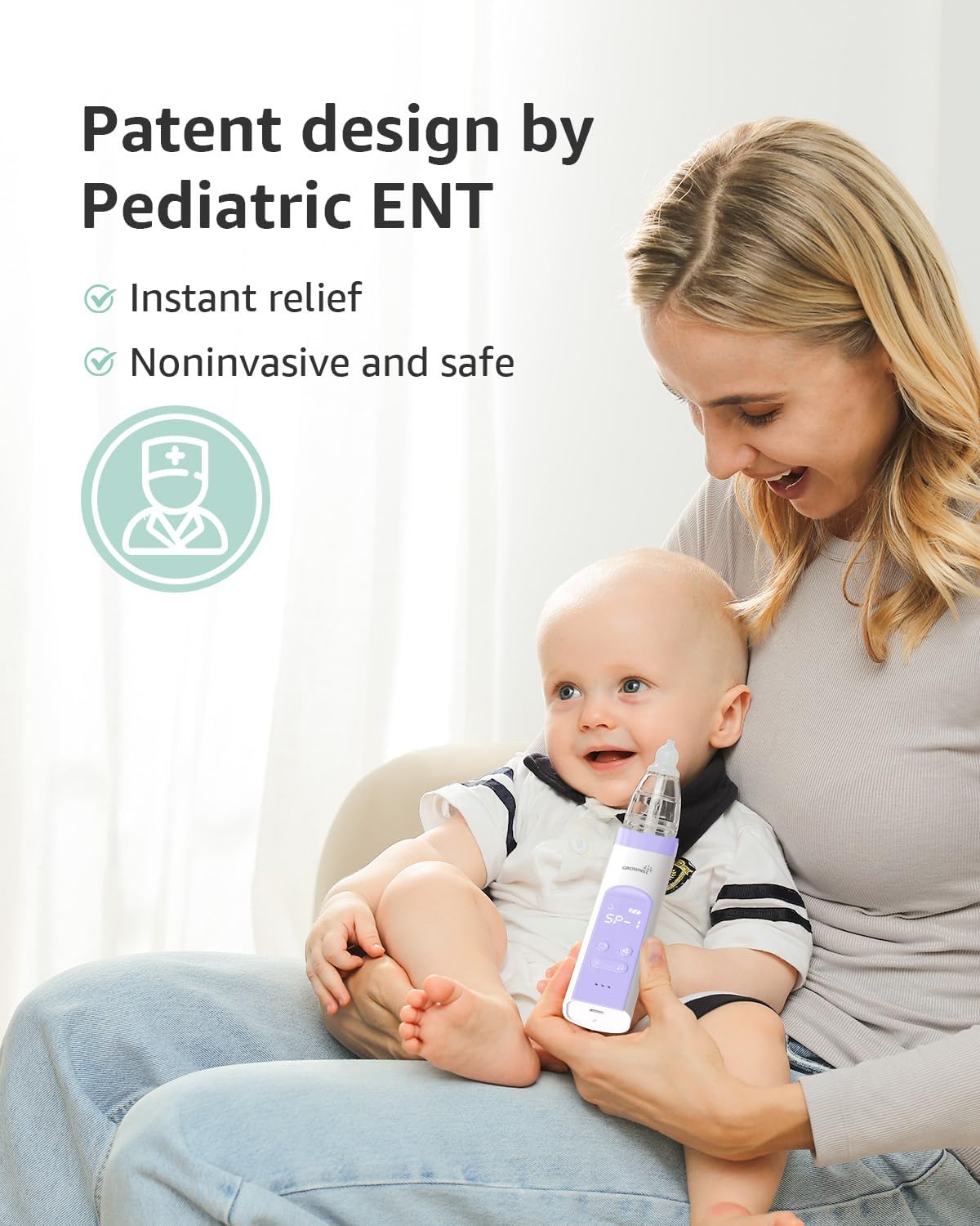 GROWNSY Nasensauger Baby | Nasensauger Baby Elektrisch| Nasensauger Baby Staubsauger Wiederaufladbar, Mit 3 SaugstäRken Musik & Licht Beruhigender Funktion Und 3 GrößEn Silikon Tipps