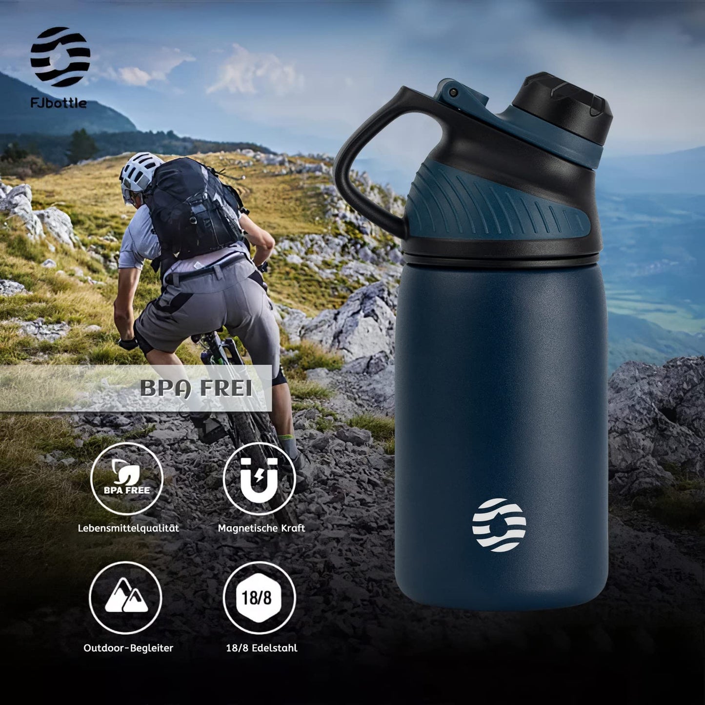 Fjbottle Edelstahl Trinkflasche Sport mit Magnetischem Deckel 1L, 800ml, 600ml, 400ml BPA-Frei Auslaufsichere Kinder Flasche - Kohlensäure geeignet 1500ML Wasserflasche Thermo für Schule, Fitness