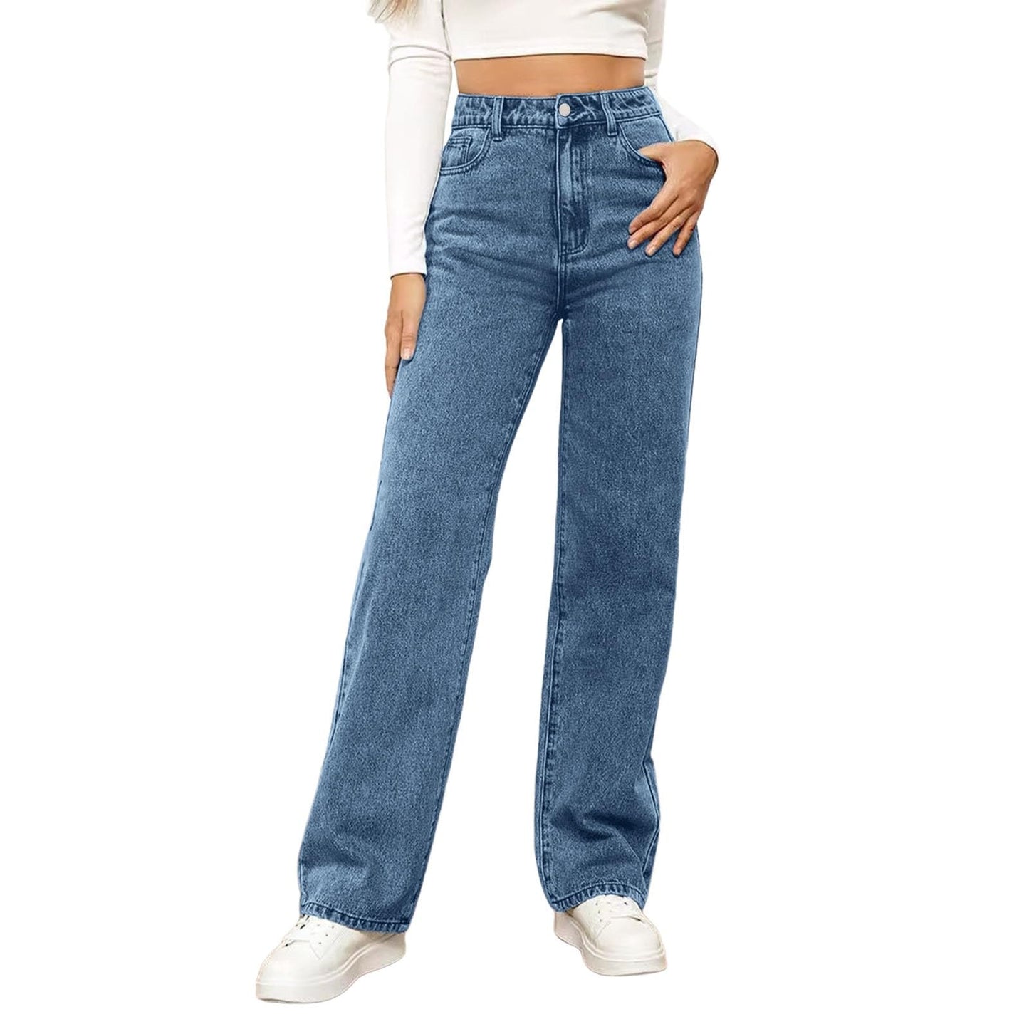 Generisch Baggy Jeans Damen - High Waist Stretch Weites Bein Hose Wide Leg Jeanshose Straight Fit Jeans Tailliert Lang Hosen Y2K Vintage Freiziethose Lockere Gerade Damenjeans