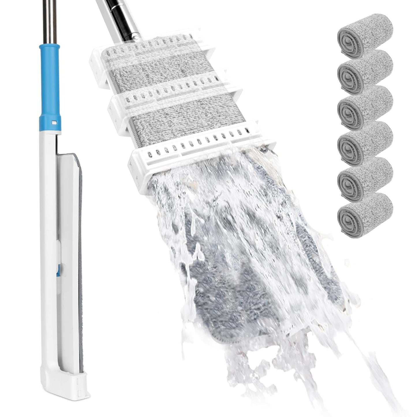 Masthome Wischmopp Bodenwischer Bodenreiniger,Mikrofaser Mopp mit 128cm Teleskopstiel,Wischer Boden Flachmopp mit 4 Moppads für Hartholz,Laminat,Fliesen,Marmor,Send Scraping Dust