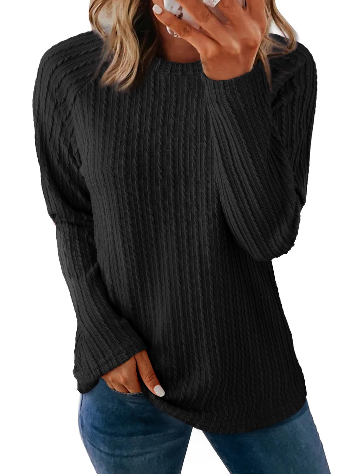 Dokotoo Langarmshirt Damen Rundhals Strickmuster T-Shirt Basic Longsleeve Shirts Herbst Winter Leichte Lässige Oberteile Tunika Pullover S-XXL