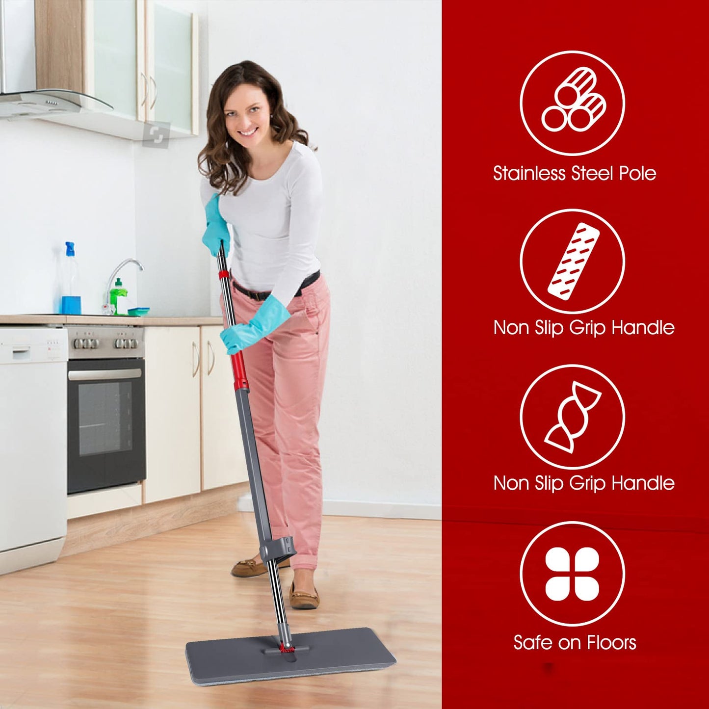 Masthome Wischmopp Bodenwischer Bodenreiniger,Mikrofaser Mopp mit 128cm Teleskopstiel,Wischer Boden Flachmopp mit 4 Moppads für Hartholz,Laminat,Fliesen,Marmor,Send Scraping Dust