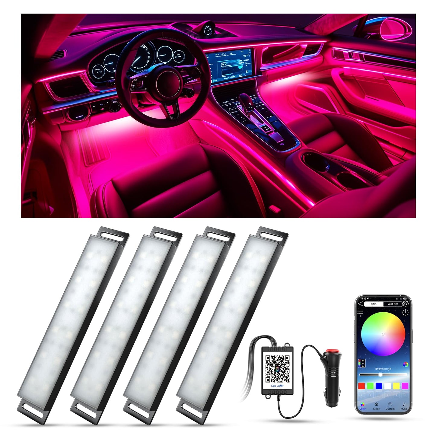 YiLaie RGB LED Interior Lighting Car, Ambient Lighting Car with App Control and 16 Million Colours, Music Mode, Colour Memory, Three Button Control Box, Cigarette Lighter, 12 V