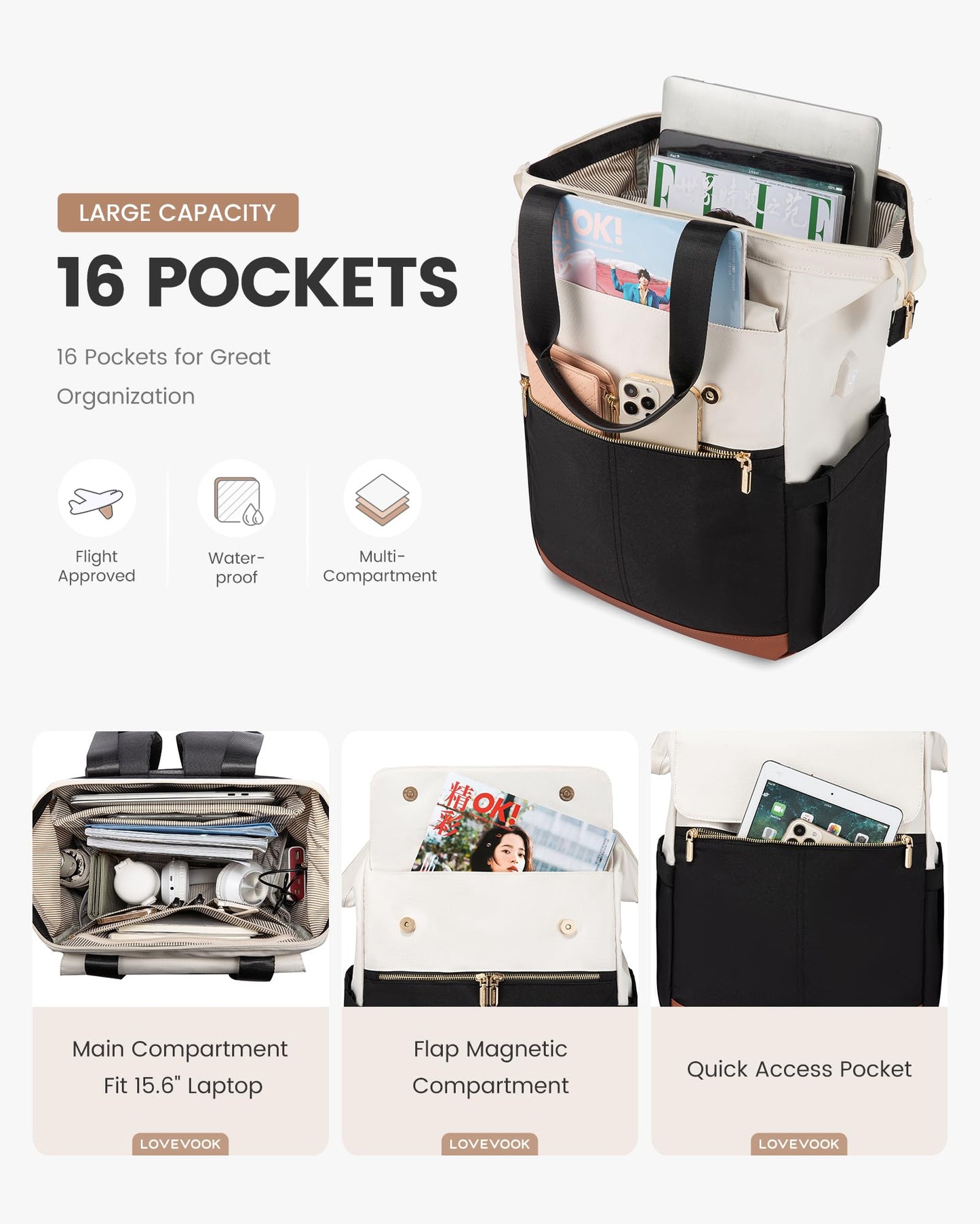 LOVEVOOK Rucksack Damen, Laptop Schulrucksack Wasserdicht, Schultasche Teenager Backpack Women Elegant Tagesrucksäcke Handtasche 2 in 1, 15,6 Zoll Arbeitstasche Lehrertasche Reiserucksack für Uni Büro