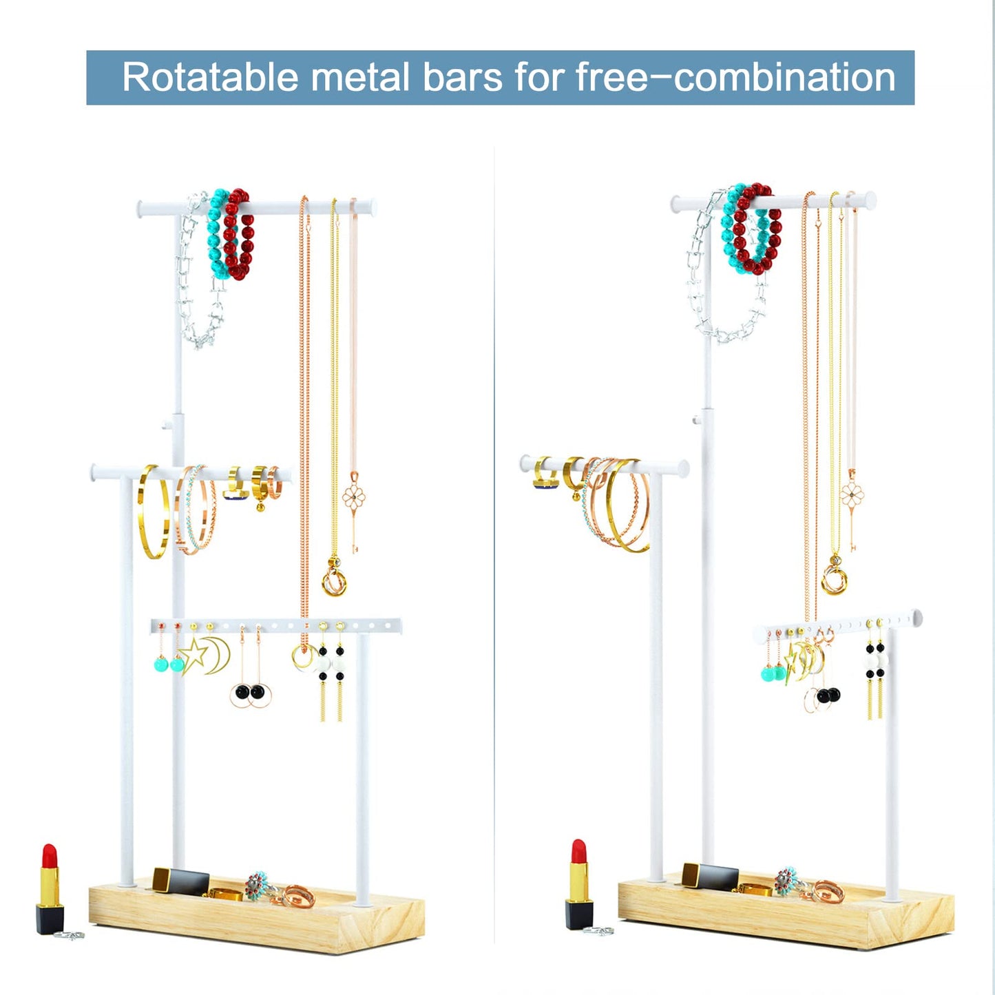 SRIWATANA Schmuckständer Holz Schmuckhalter Kettenhalter 3 Stäbe Drehbar (51cm) Schmuckbaum Schmuckaufbewahrung für Ketten Ohrringen Ringen Uhren und Armbändern