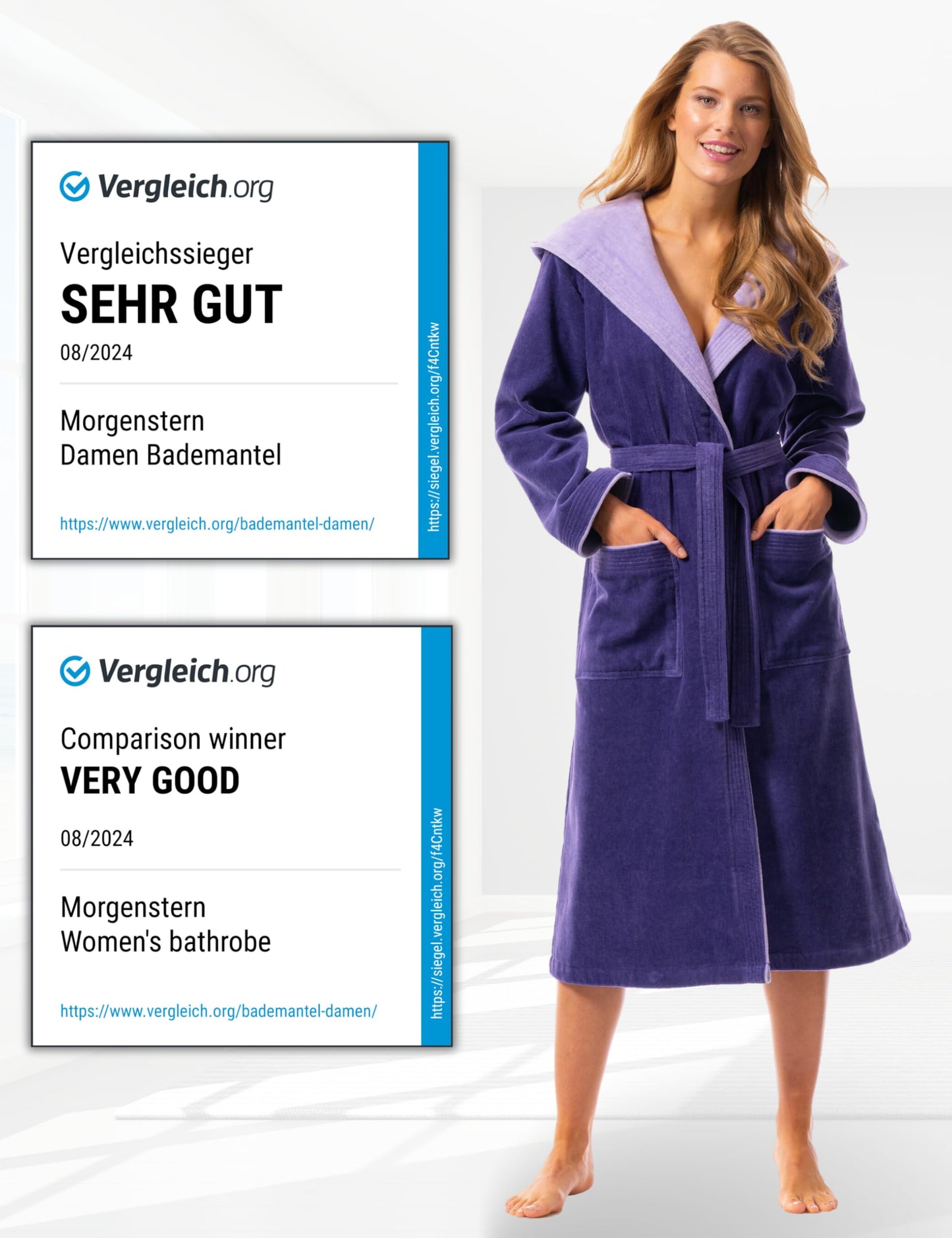 Morgenstern Bademantel Damen 100% Baumwolle mit Kapuze Frottee-Velours OEKO-TEX Leonie