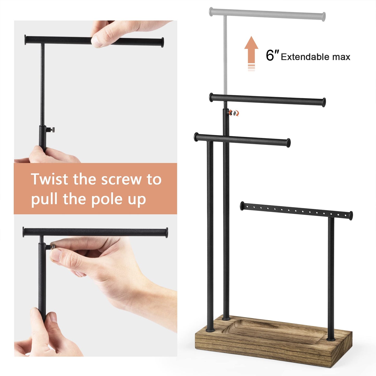 SRIWATANA Schmuckständer Holz Schmuckhalter Kettenhalter 3 Stäbe Drehbar (51cm) Schmuckbaum Schmuckaufbewahrung für Ketten Ohrringen Ringen Uhren und Armbändern