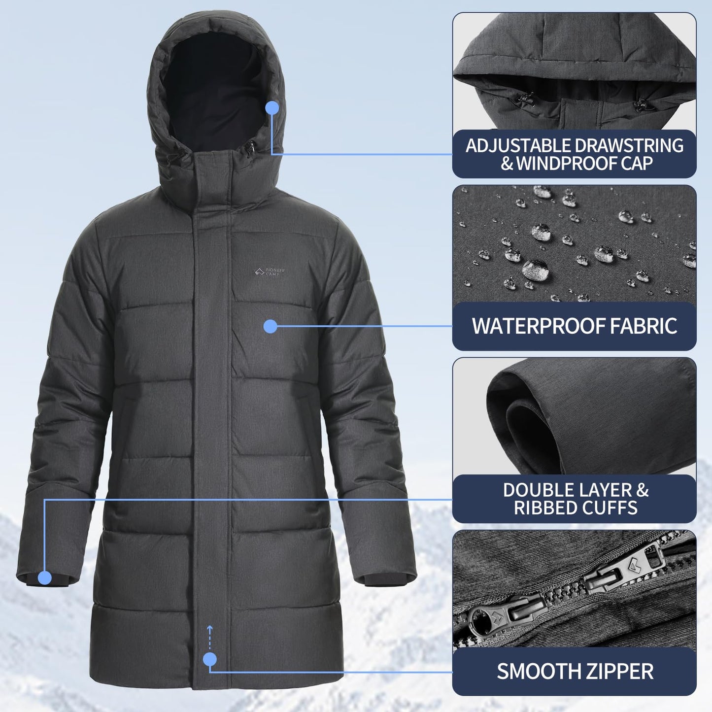 Pioneer Camp Men's Winter Jacket Long Windproof Waterproof Warm Down Jacket Winter Outdoor Parka Jacket with Hood