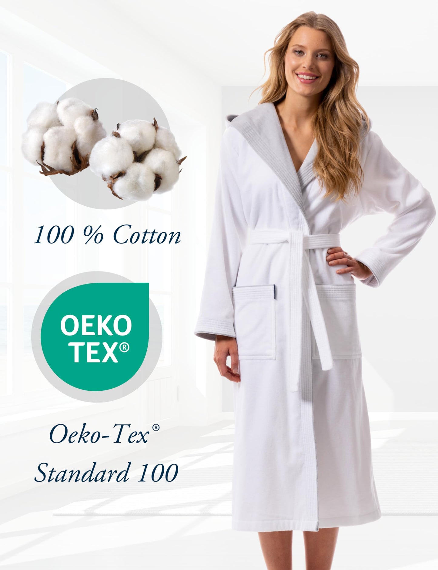 Morgenstern Bademantel Damen 100% Baumwolle mit Kapuze Frottee-Velours OEKO-TEX Leonie