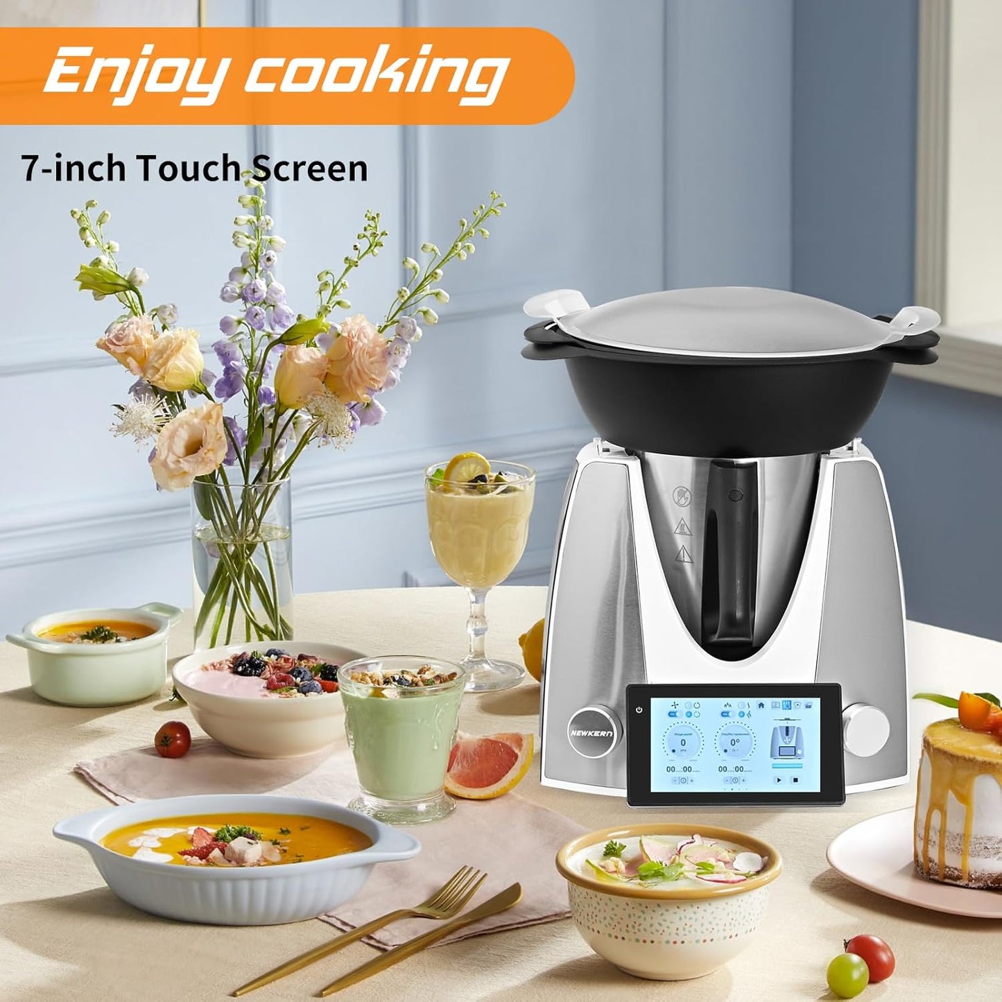 KE-7001 PRO, Mixer, Küchenmaschine, Multifunktionaler Küchenroboter mit Geführten Rezepten, 12 Spezial-Kochfunktionen, 4L Schüsselkapazität, 7 Zoll Touchscreen Display