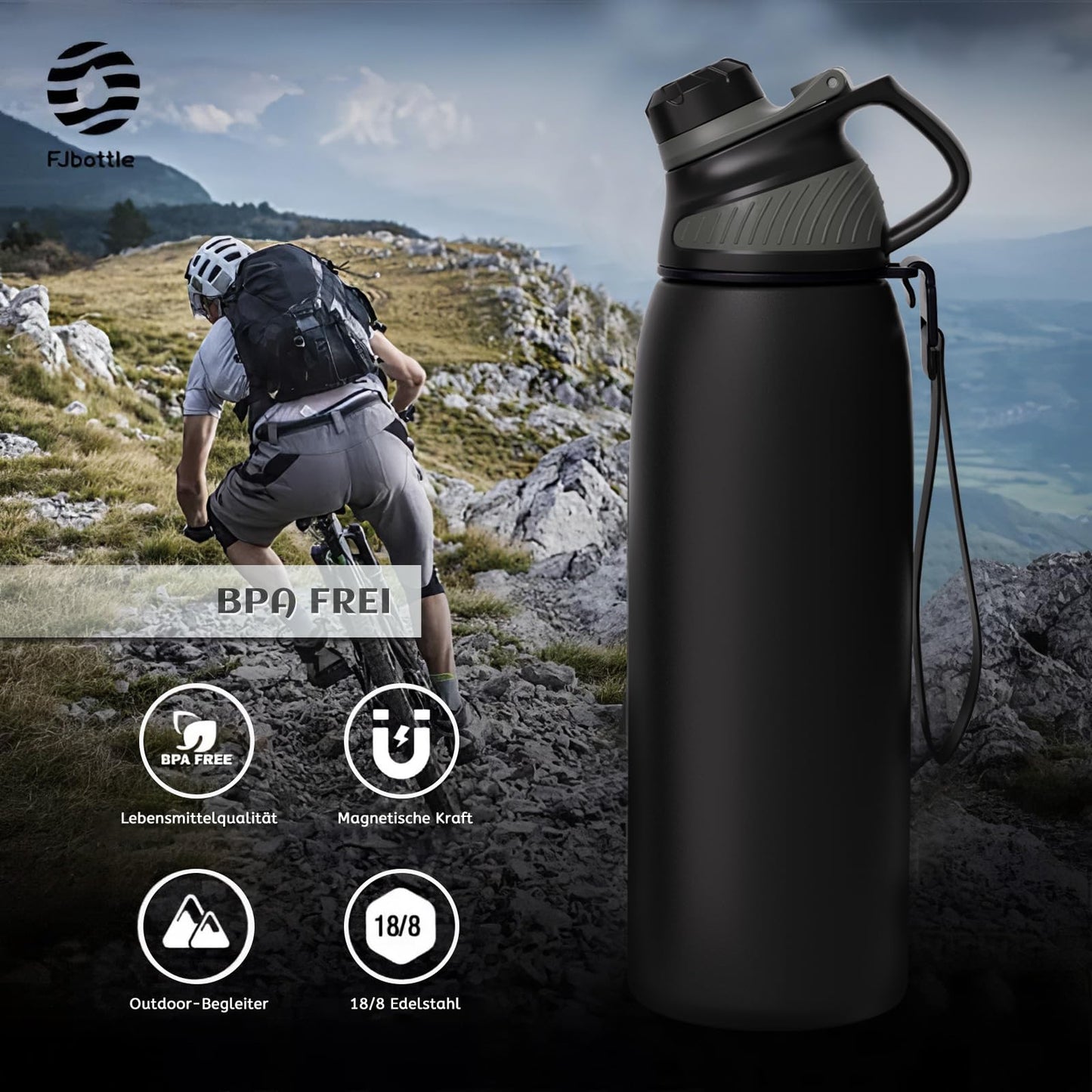 Fjbottle Edelstahl Trinkflasche Sport mit Magnetischem Deckel 1L, 800ml, 600ml, 400ml BPA-Frei Auslaufsichere Kinder Flasche - Kohlensäure geeignet 1500ML Wasserflasche Thermo für Schule, Fitness