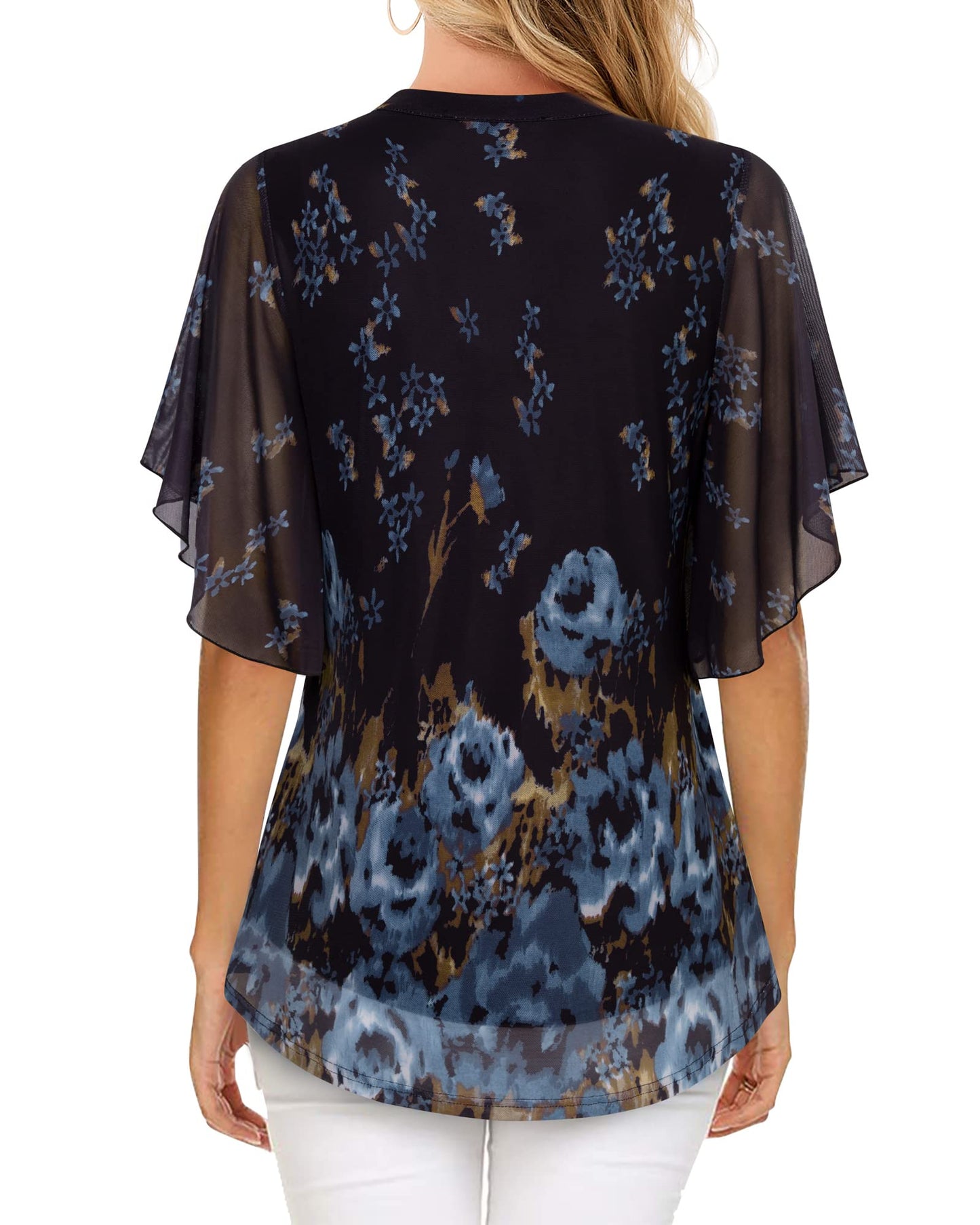 Vafoly Bluse Damen Elegant Kurzarm Sommer Tunika V-Ausschnitt Mesh Oberteil Blumen Doppellagige Tunika