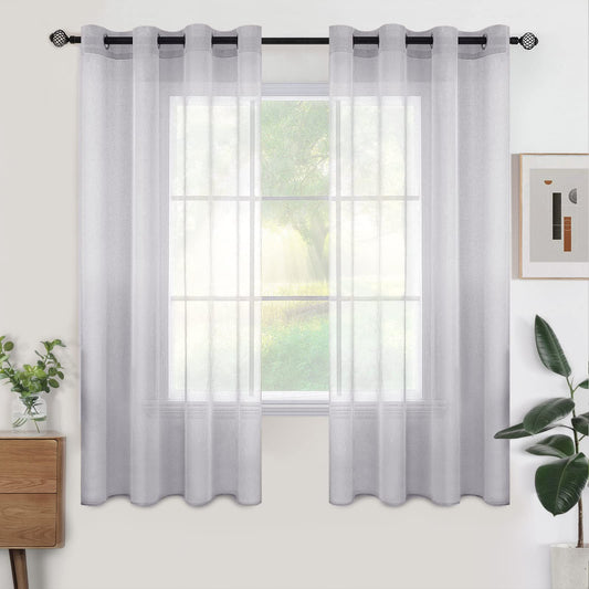 Woaboy Voile Curtains, Short Curtains, Transparent Living Room with Eyelets, Store Curtains for the Bedroom, Eyelet Curtain, Panel Curtain, Loop Curtains, Modern, Set of 2, 140 x 145 cm (W x H), Beige