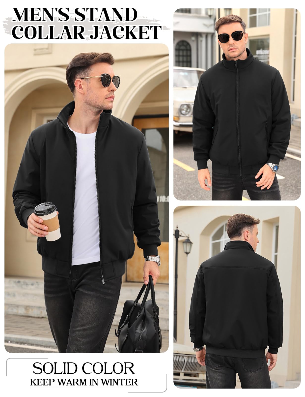Lonya Men's Fleece Winter Windproof Bomber Jacket Full Zip Transition Jacket Flight Jacket Autumn Warm Padded Stand-Up Collar Coats Jackets