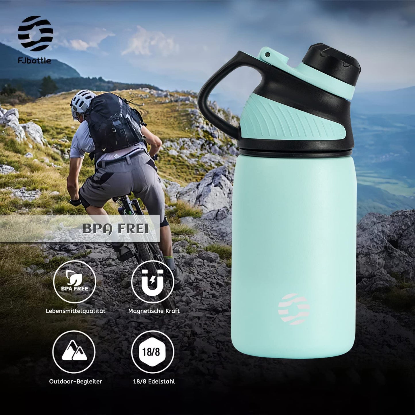 Fjbottle Edelstahl Trinkflasche Sport mit Magnetischem Deckel 1L, 800ml, 600ml, 400ml BPA-Frei Auslaufsichere Kinder Flasche - Kohlensäure geeignet 1500ML Wasserflasche Thermo für Schule, Fitness