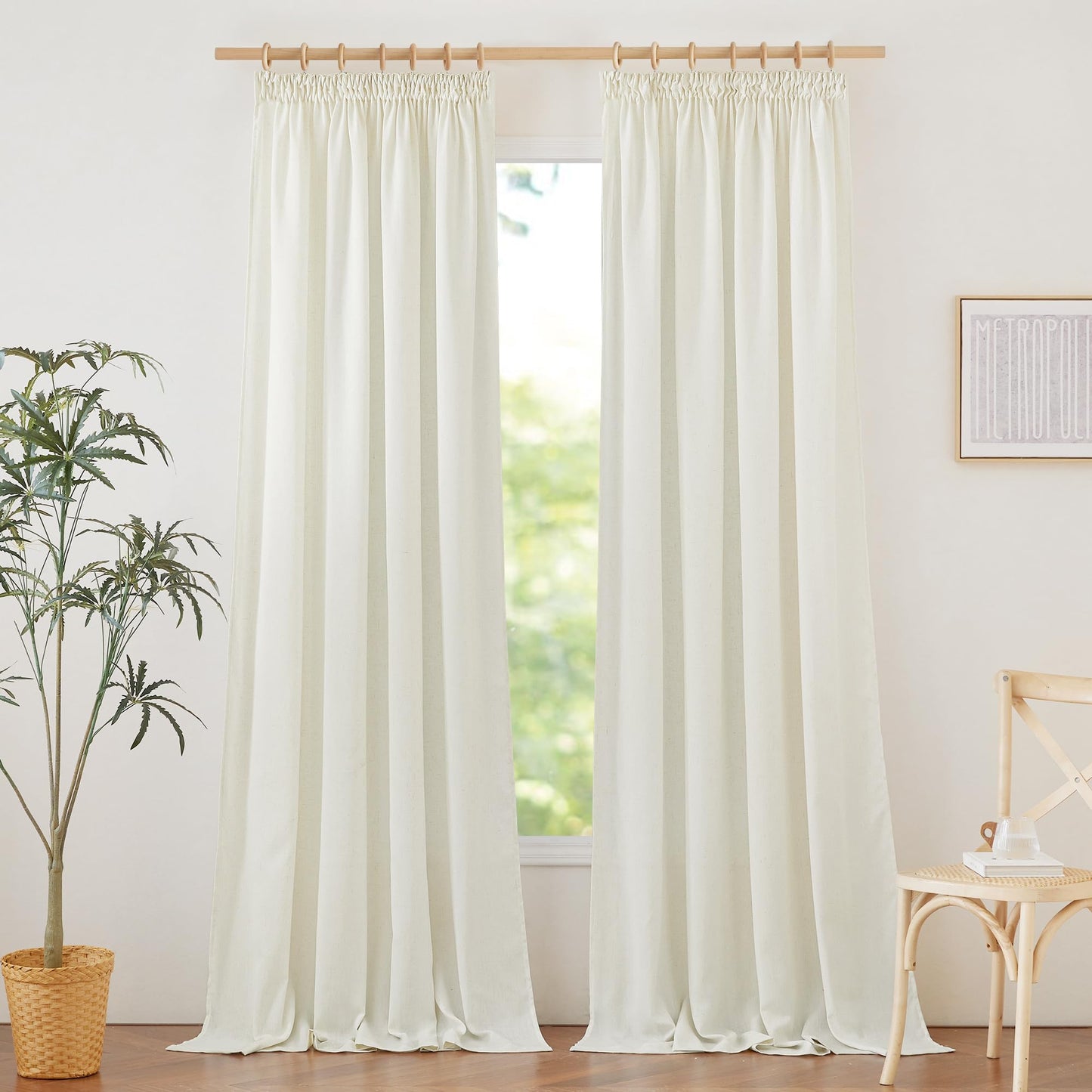 PONY DANCE Leinenvorhang Kräuselband Wohnzimmer Vorhänge Boho 2er Set H 245 x B 140 cm Leinen Gardinen für Schienensystem Leinenoptik Vorhänge Halbtransparent Linen Curtains Living Room, Beige