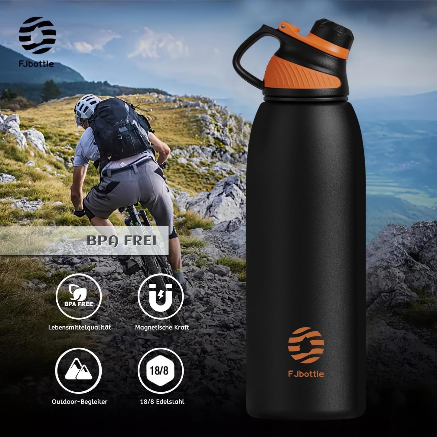 Fjbottle Edelstahl Trinkflasche Sport mit Magnetischem Deckel 1L, 800ml, 600ml, 400ml BPA-Frei Auslaufsichere Kinder Flasche - Kohlensäure geeignet 1500ML Wasserflasche Thermo für Schule, Fitness