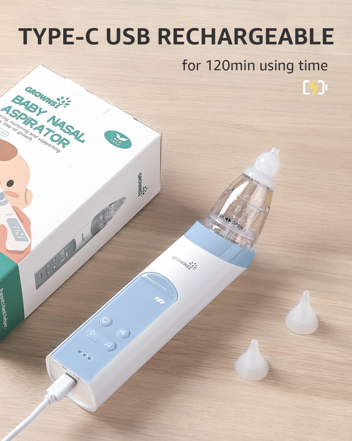 GROWNSY Nasensauger Baby | Nasensauger Baby Elektrisch| Nasensauger Baby Staubsauger Wiederaufladbar, Mit 3 SaugstäRken Musik & Licht Beruhigender Funktion Und 3 GrößEn Silikon Tipps