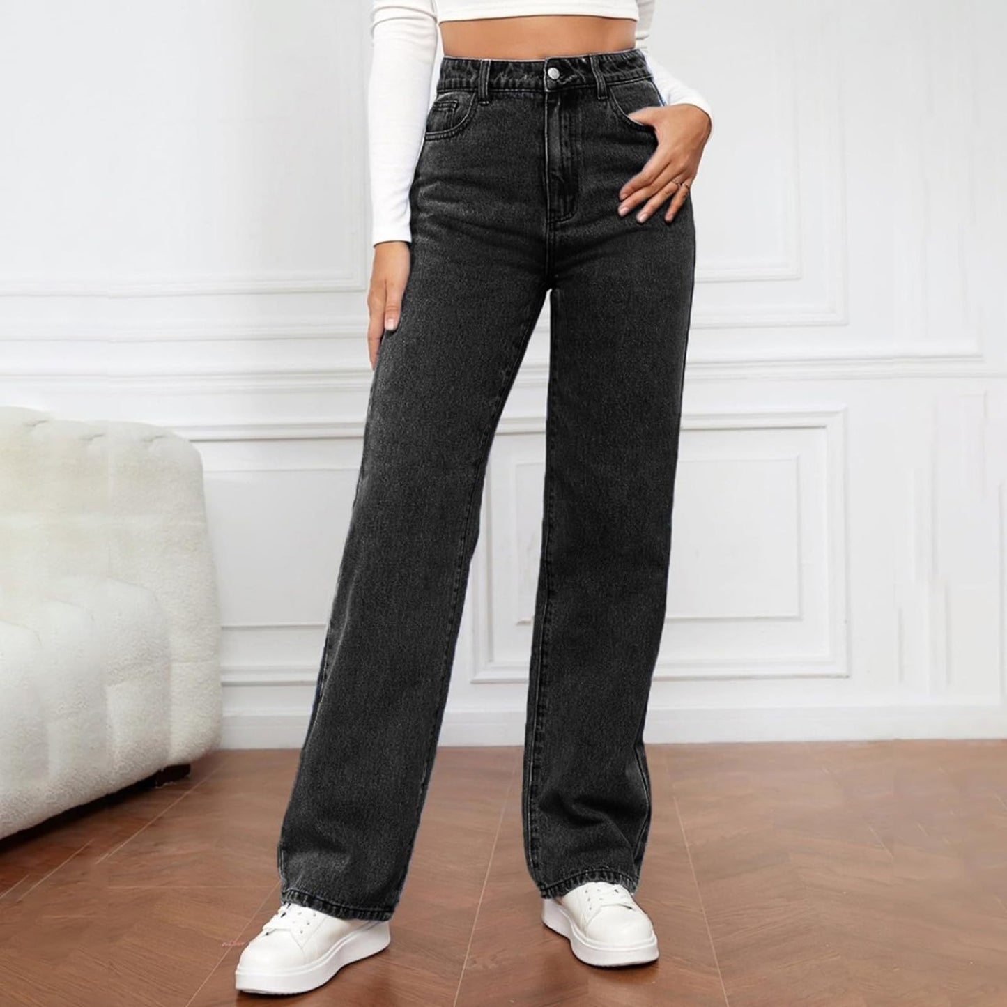 Generisch Baggy Jeans Damen - High Waist Stretch Weites Bein Hose Wide Leg Jeanshose Straight Fit Jeans Tailliert Lang Hosen Y2K Vintage Freiziethose Lockere Gerade Damenjeans