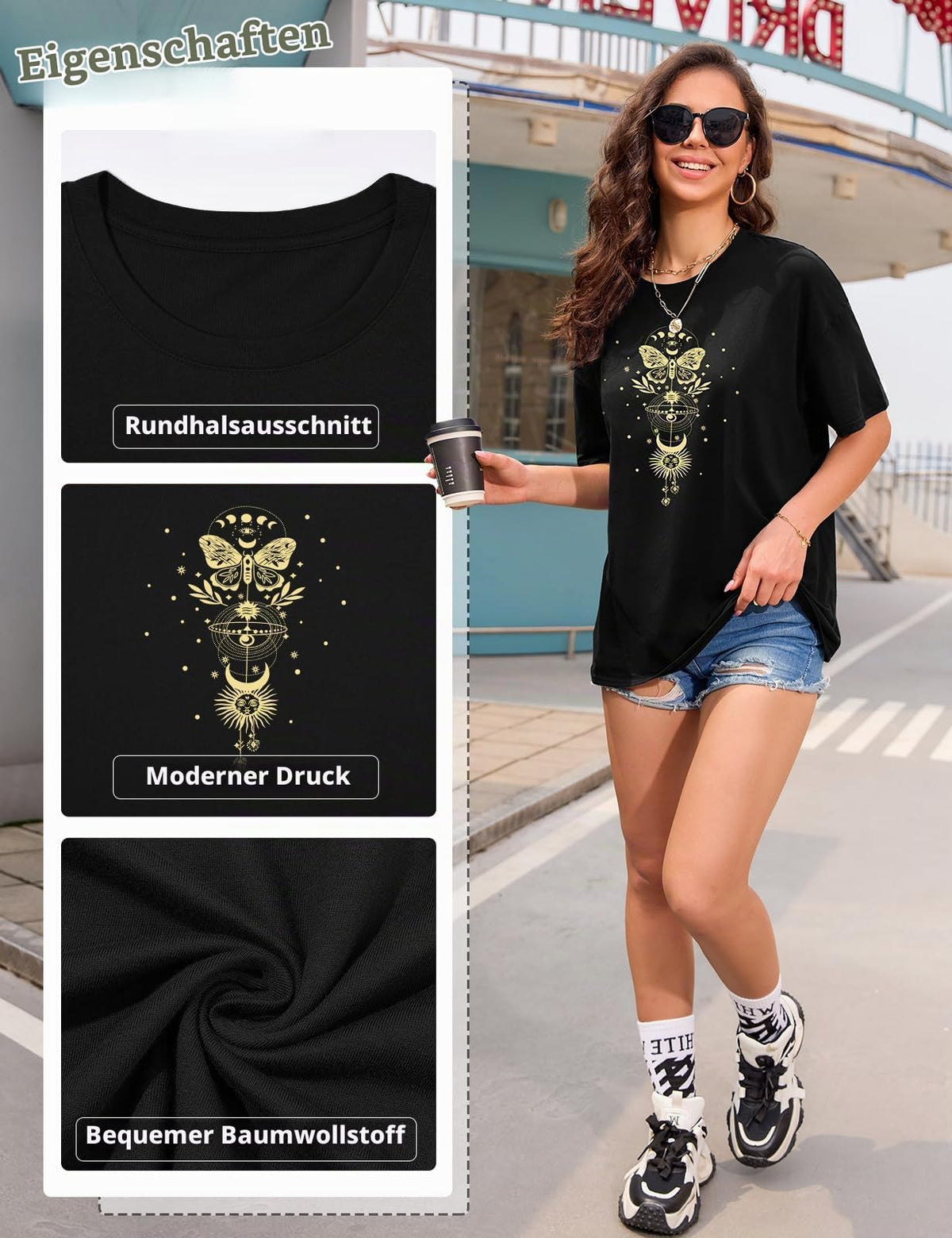 Lonya T Shirt Damen Oversized Vintage Rundhals Kurzarm 80er Jahre Brief Gedruckt Schleife Blumen Sonne Mond Muster Sommer Bluse Baumwolle Oberteile Tops Retro 80s Casual Lockere Basic Tee Shirt