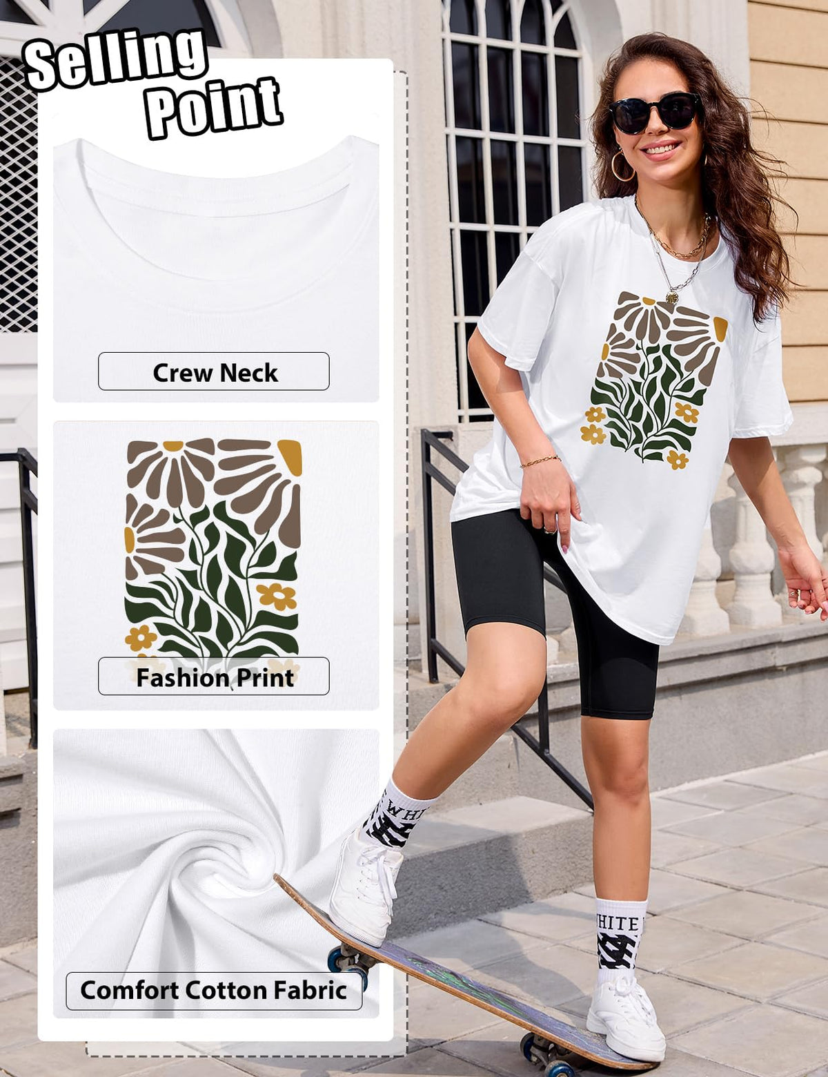 Lonya T Shirt Damen Oversized Vintage Rundhals Kurzarm 80er Jahre Brief Gedruckt Schleife Blumen Sonne Mond Muster Sommer Bluse Baumwolle Oberteile Tops Retro 80s Casual Lockere Basic Tee Shirt